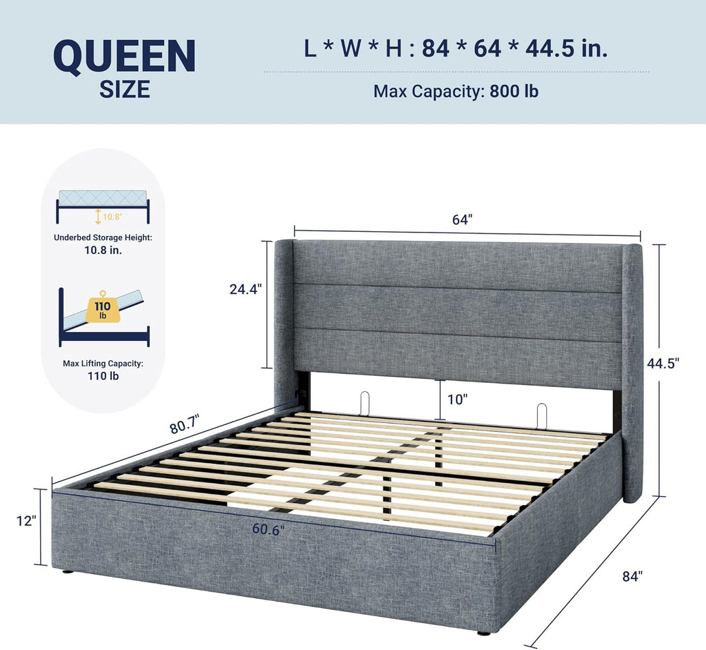 Allewie Queen Size Lift Up Storage Bed, Modern Wingback Headboard, Hydraulic Support, No Box Spring Needed, Grey Blue