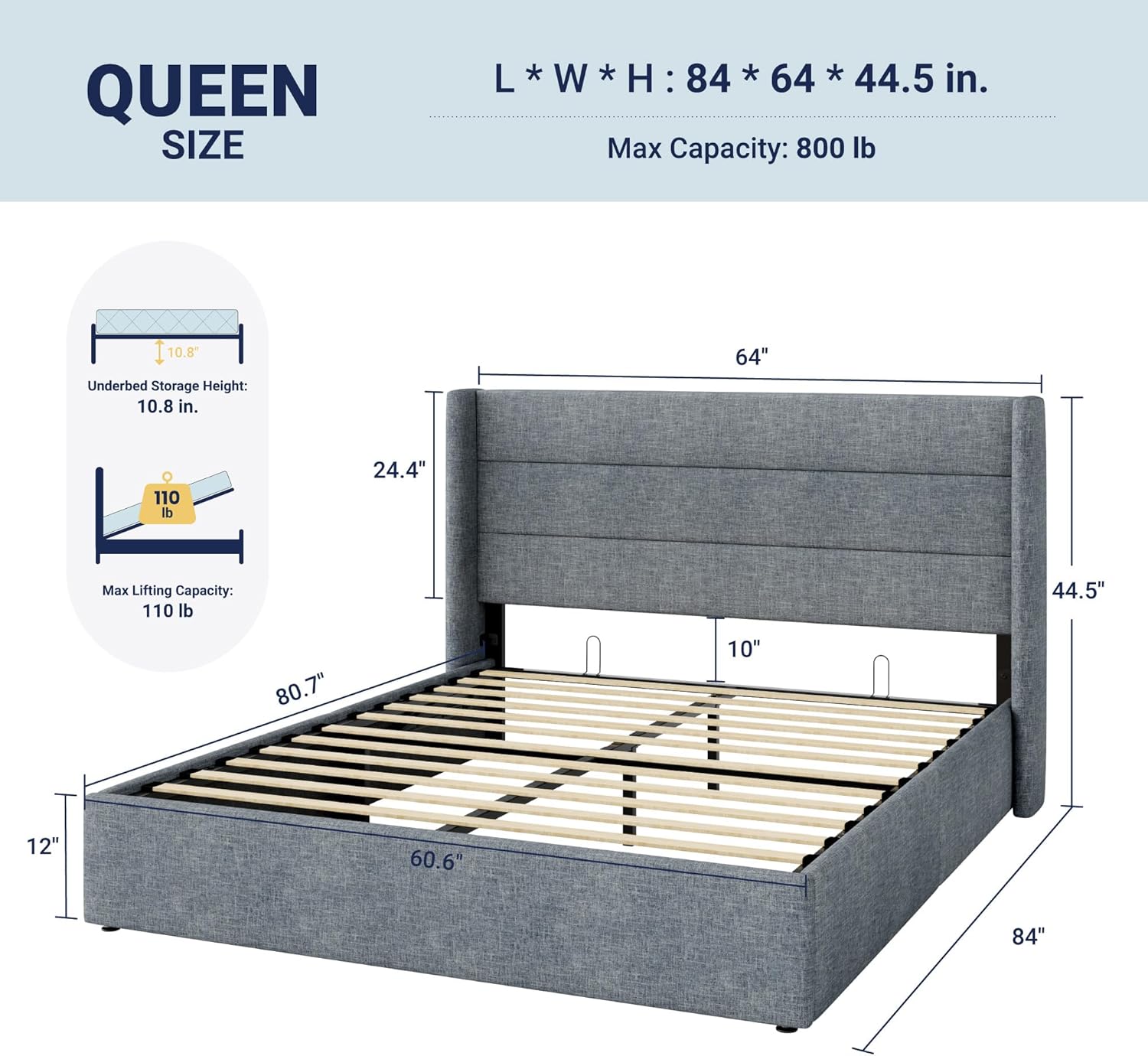 Allewie Queen Size Lift Up Storage Bed, Modern Wingback Headboard, Hydraulic Support, No Box Spring Needed, Grey Blue