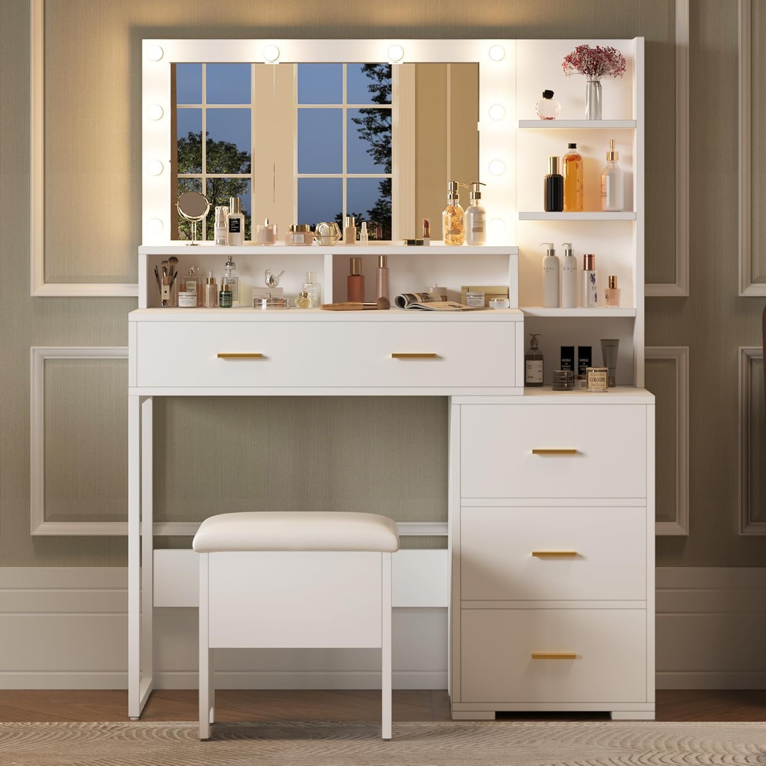 GarveeHome Vanity Desk, Makeup Vanity Table with Mirror & 9 LED Light Bulbs, 4 Large Drawers and 3 Tiers of Open Shelves for Bedroom, White