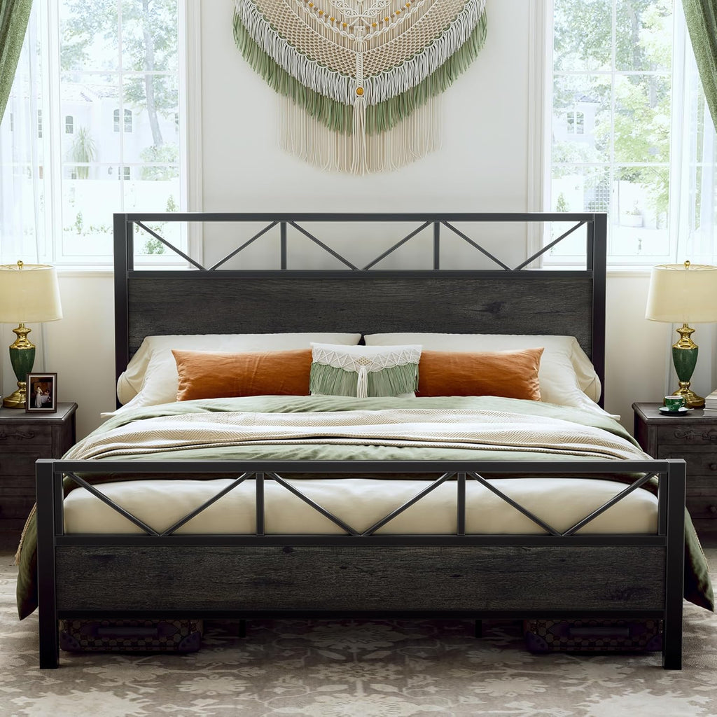 LIKIMIO King Bed Frame, Tall Industrial Headboard 51.2 ", Platform Bed Frame with Strong Metal Support, Solid and Stable, Noise Free, No Box Spring Needed, Easy Assembly, Charcoal Grey