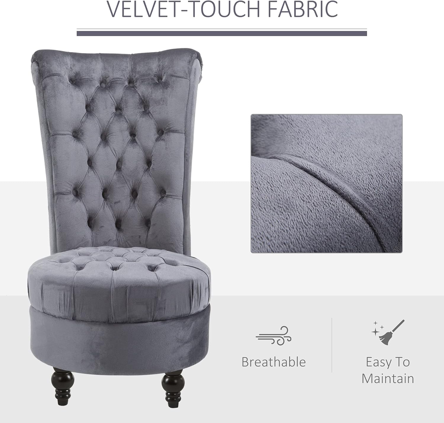 HOMCOM Retro High Back Armless Royal Accent Chair Fabric Upholstered Tufted Seat for Living Room, Dining Room and Bedroom, Grey