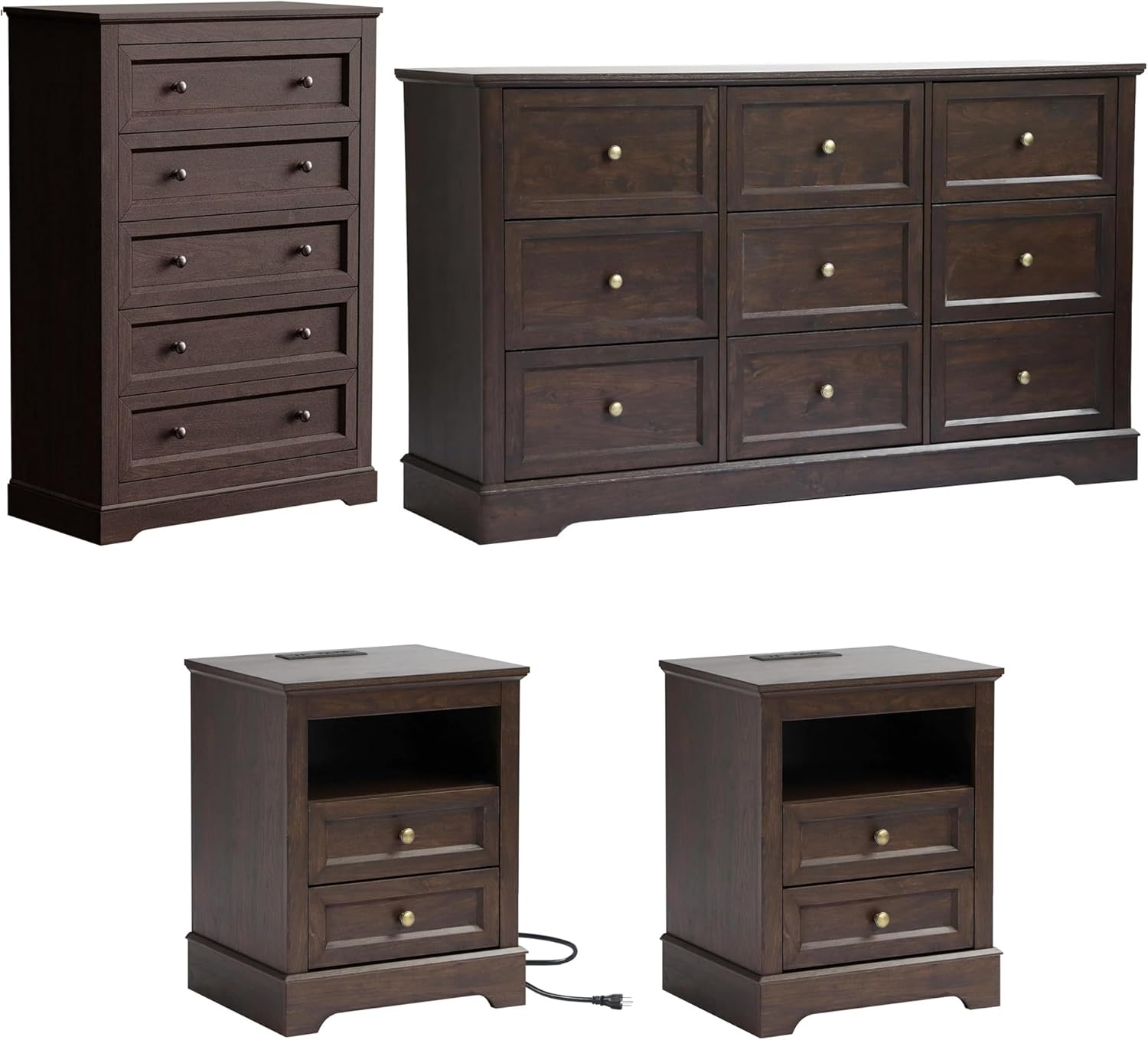 LOUVIXA Farmhouse Bedroom Sets of 4, 4Pcs Farmhouse Dresser Set .Including 9 Drawer Dresser, 5 Drawer Dressers and Nightstand Set of 2 with Charging Station (Brown Sets, 4 Pieces)