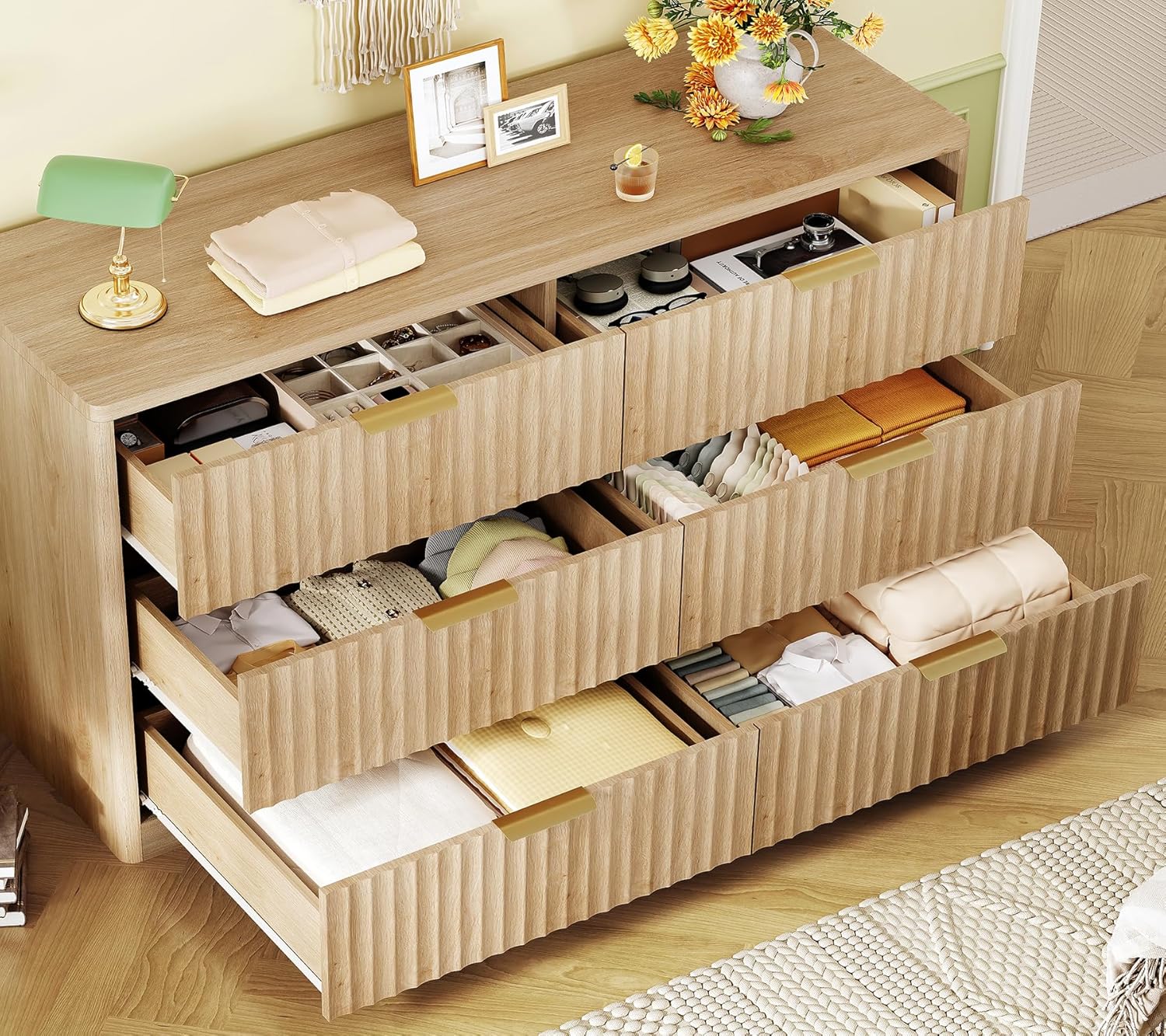 TEENFON Fluted 6 Drawer Dresser for Bedroom, Wide Modern Chest of Drawers with Metal Handle, Curved Profile Design, Wood Closet Clothes Storage Organizer for Bedroom, Hallway, Natural