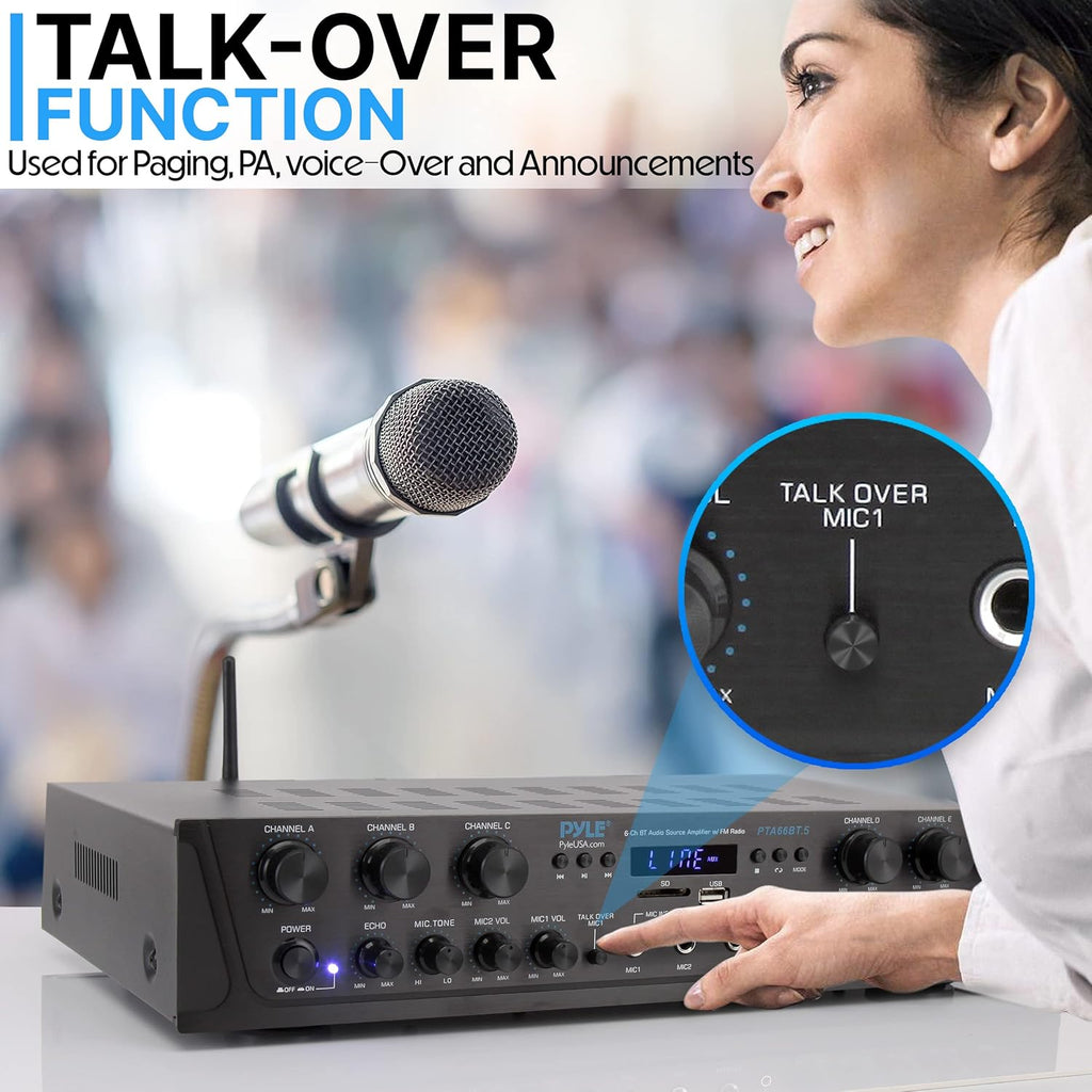 Pyle Home Audio Amplifier with Bluetooth - 6 Channel 600 Watt Peak Power, Karaoke with Echo, 2 Mic Input with Talkover, Headphone In, USB A MP3 Player with SD Reader - Home, Commercial, Worship