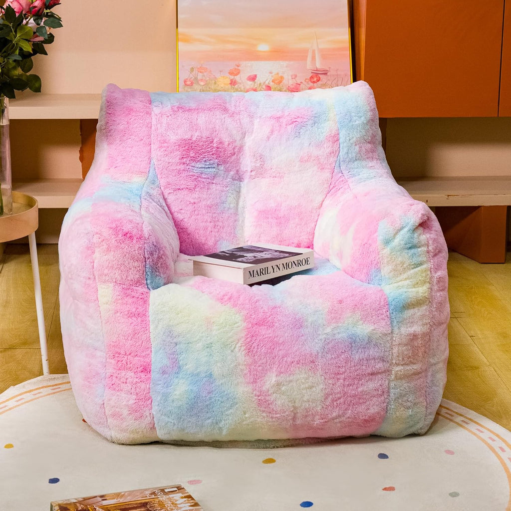 Bean Bag Chair with Filling, Faux Fur Comfy BeanBag Chairs for Teens, Adults, Bedroom, Living Room, Reading - Rainbow