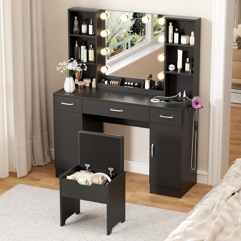 Vabches Makeup Vanity Table with Lighted Mirror & Power Strip, Large Vanity Set Vanity Desk with Storage Stool, 3 Lighting Modes, Brightness Adjustable, 45.2in(Large, Black)