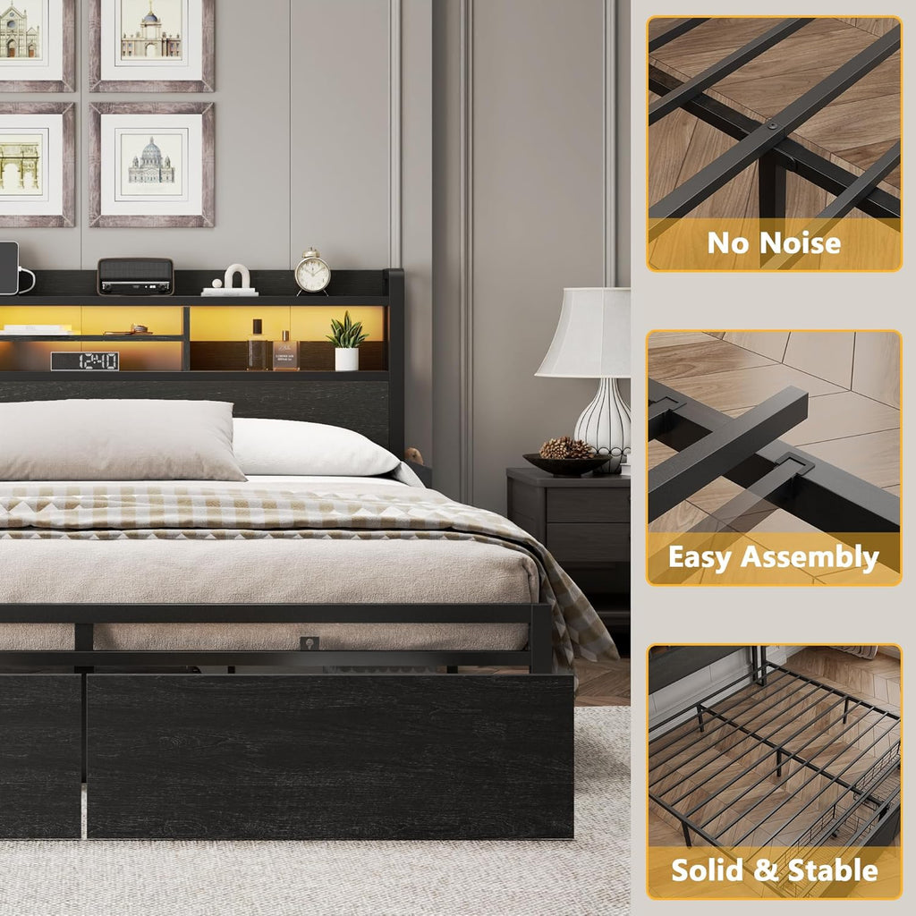 Furnulem Full Size Bed Frame with Wood Headboard, Metal Platform Bed Frame Full Size with 2 Storage Drawers and Shelf, LED Lights and Charging Station, No Box Spring Needed, Noise Free, Black