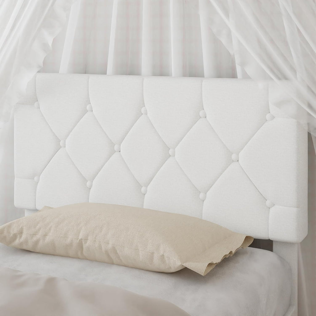 VECELO Twin Size Bed Frame with Button Tufted Headboard, Upholstered Platform Bedframe with Wood Slat Support, No Box Spring Needed, White
