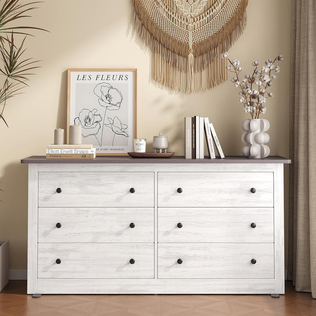 DUMOS Home Storage for Living Room, Wood Cabinet with 6 Drawers, 59" Wide TV Stand with Metal Handles, Storage Organizer for Bedroom, Entryway and Home Office, Wood