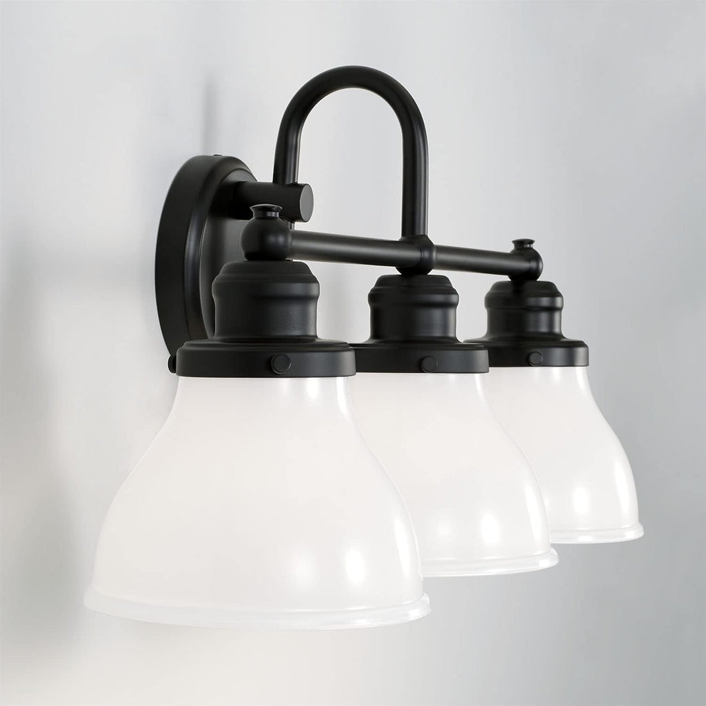 Capital Lighting 8303MB-128 Baxter Milk Glass Bath Vanity Wall Mount, 3-Light 300 Total Watts, 11" H x 24" W, Matte Black