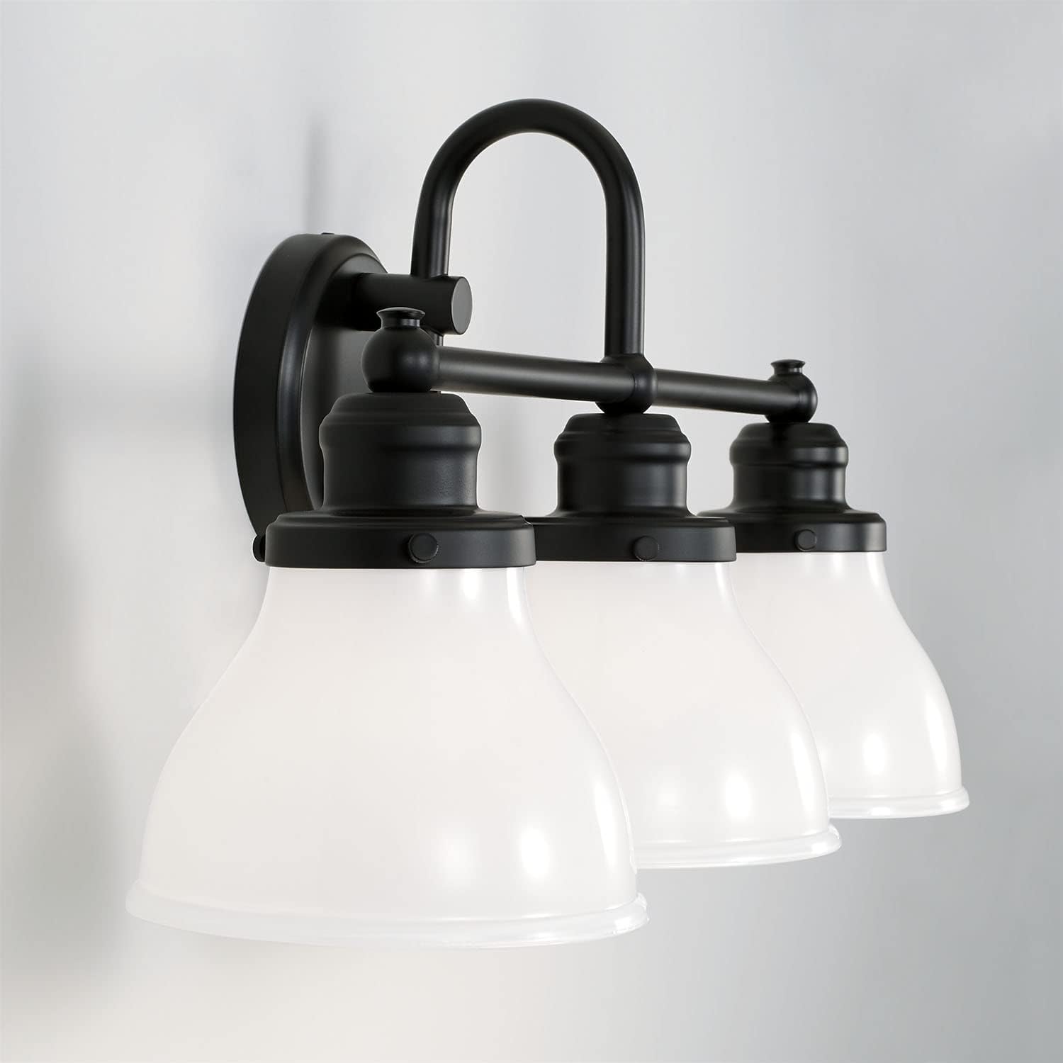 Capital Lighting 8303MB-128 Baxter Milk Glass Bath Vanity Wall Mount, 3-Light 300 Total Watts, 11" H x 24" W, Matte Black