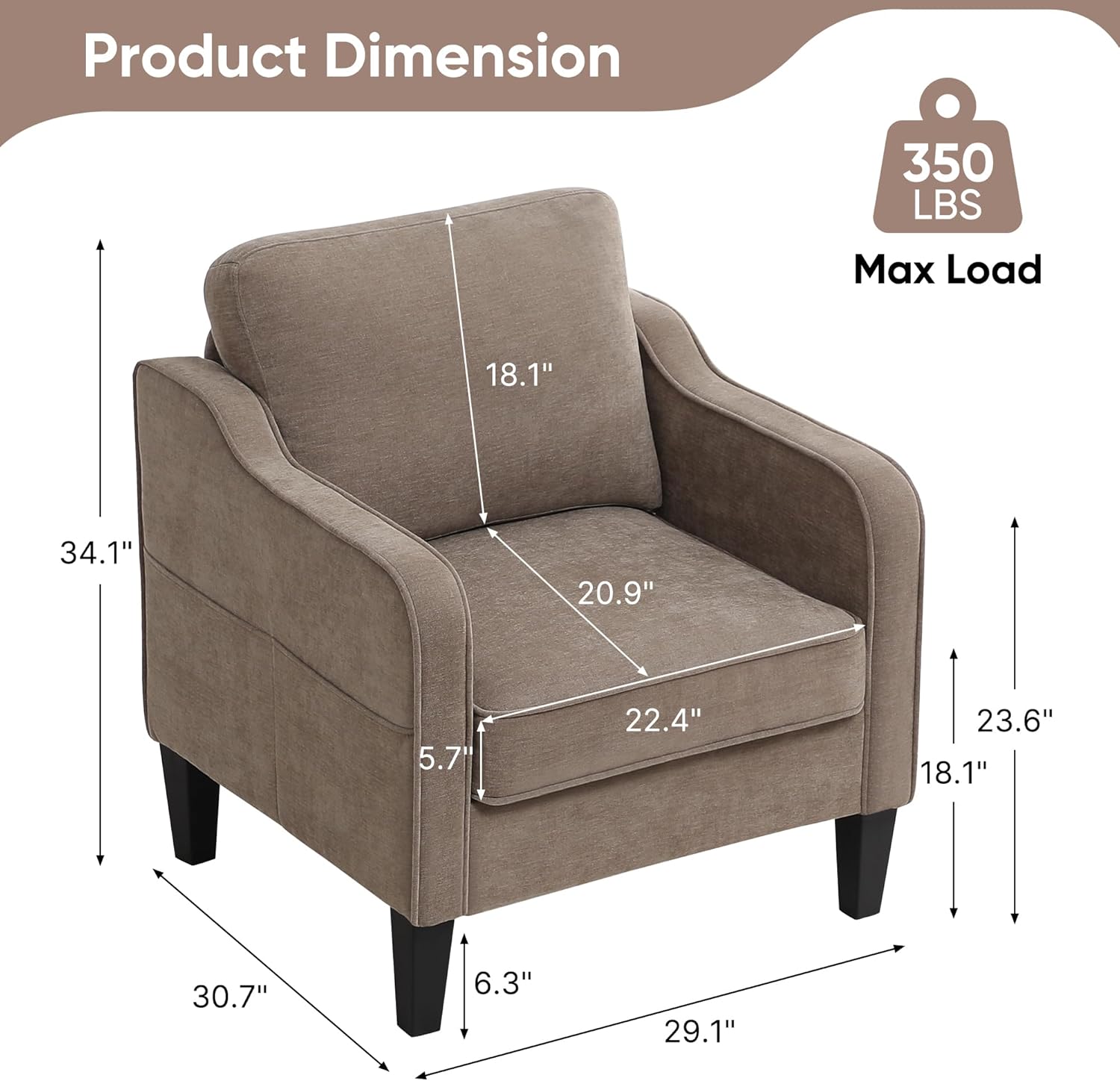 Accent Chairs Set of 2, Upholstered Living Room Chair with Side Pockets, Mid Century Modern Reading Chair for Bedroom, Comfy Armchair Single Sofa Side Chair for Office, Small Room, Brown
