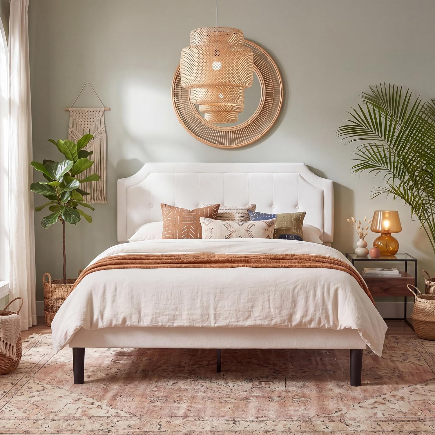 VECELO Queen Size Velvet Bed Frame with Headboard, Upholstered Platform Bedframe with Strong Wooden Slats, No Box Spring Needed, Easy Assembly,Off White