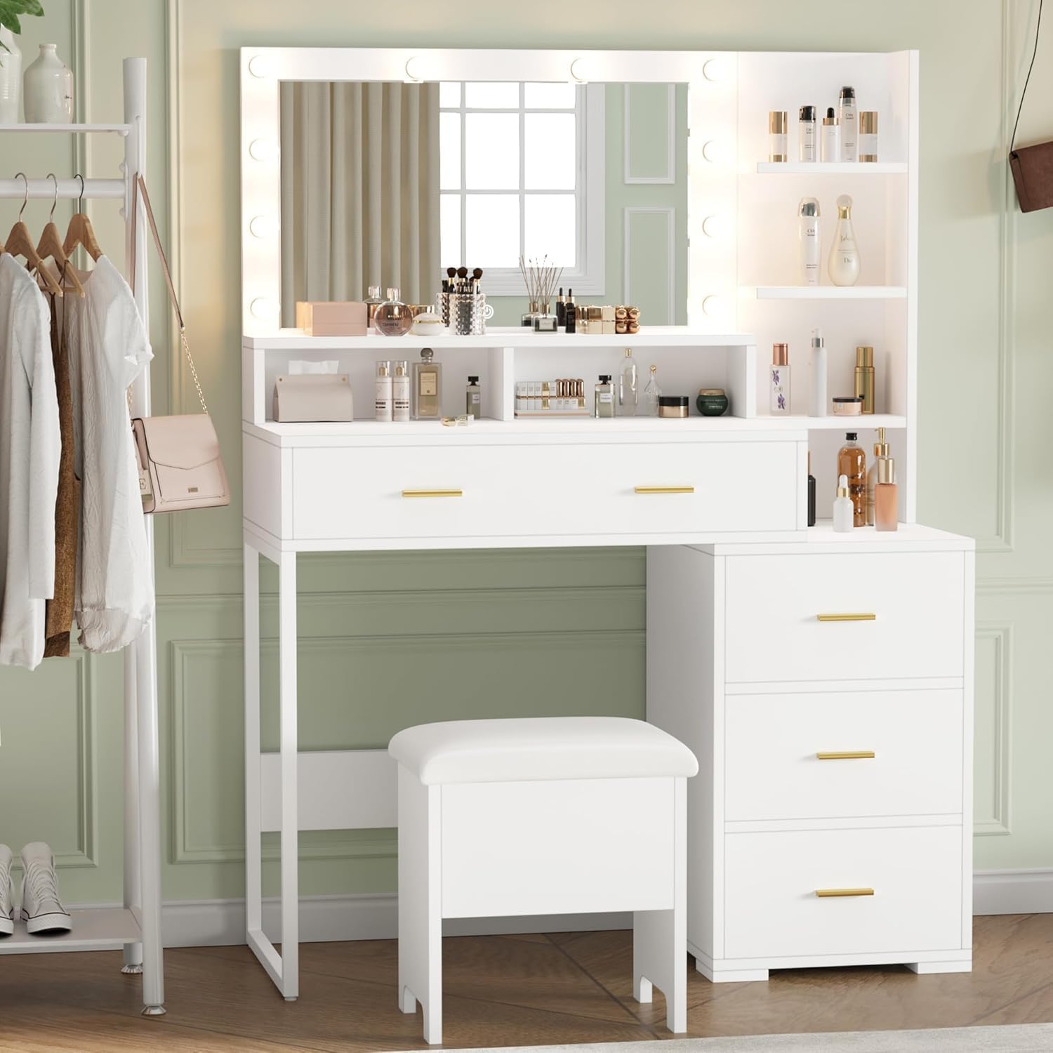 GarveeHome Vanity Desk, Makeup Vanity Table with Mirror & 9 LED Light Bulbs, 4 Large Drawers and 3 Tiers of Open Shelves for Bedroom, White