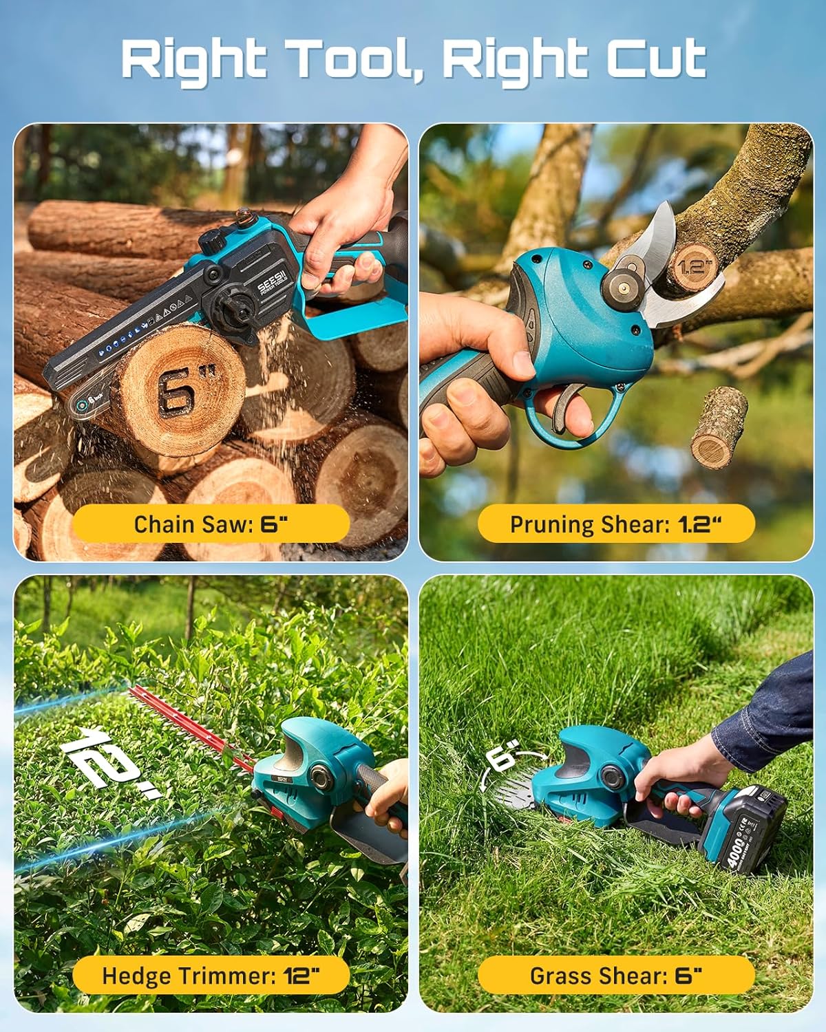 SEESII Electric Chainsaw Trimmer Pruner: 4-in-1 Cordless Chainsaw, Hedge Trimmer, Pruning Shears with 2× Rechargeable 4000mAh Batteries, Garden Tool Kit for Tree Trimming and Branch Cutting