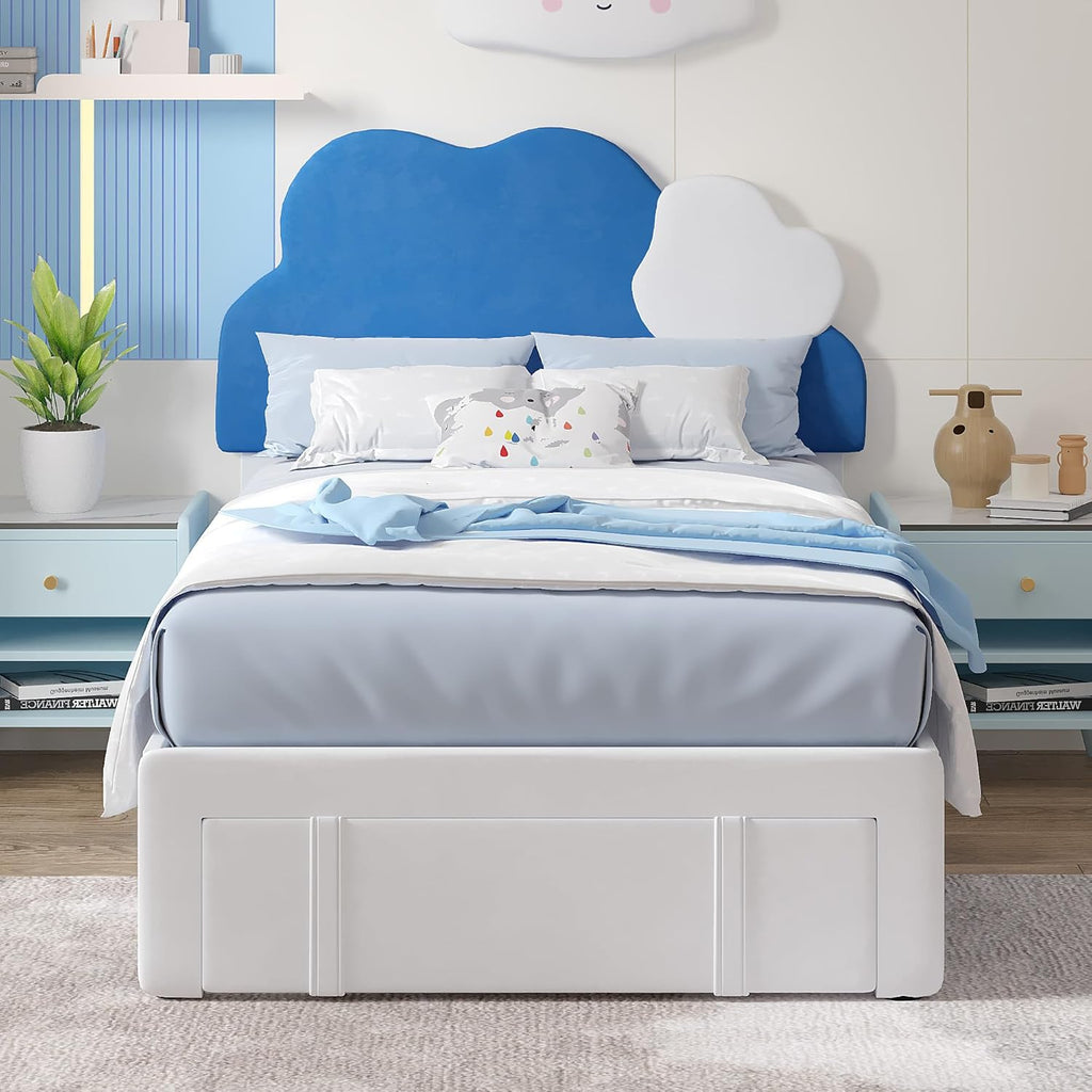 VECELO 2 Set Twin Size Bed Frame, Upholstered Platform Bedframe with Height Adjustable Cloud-Shaped Headboard, Strong Wood Slat Supports, No Box Spring Needed, Blue