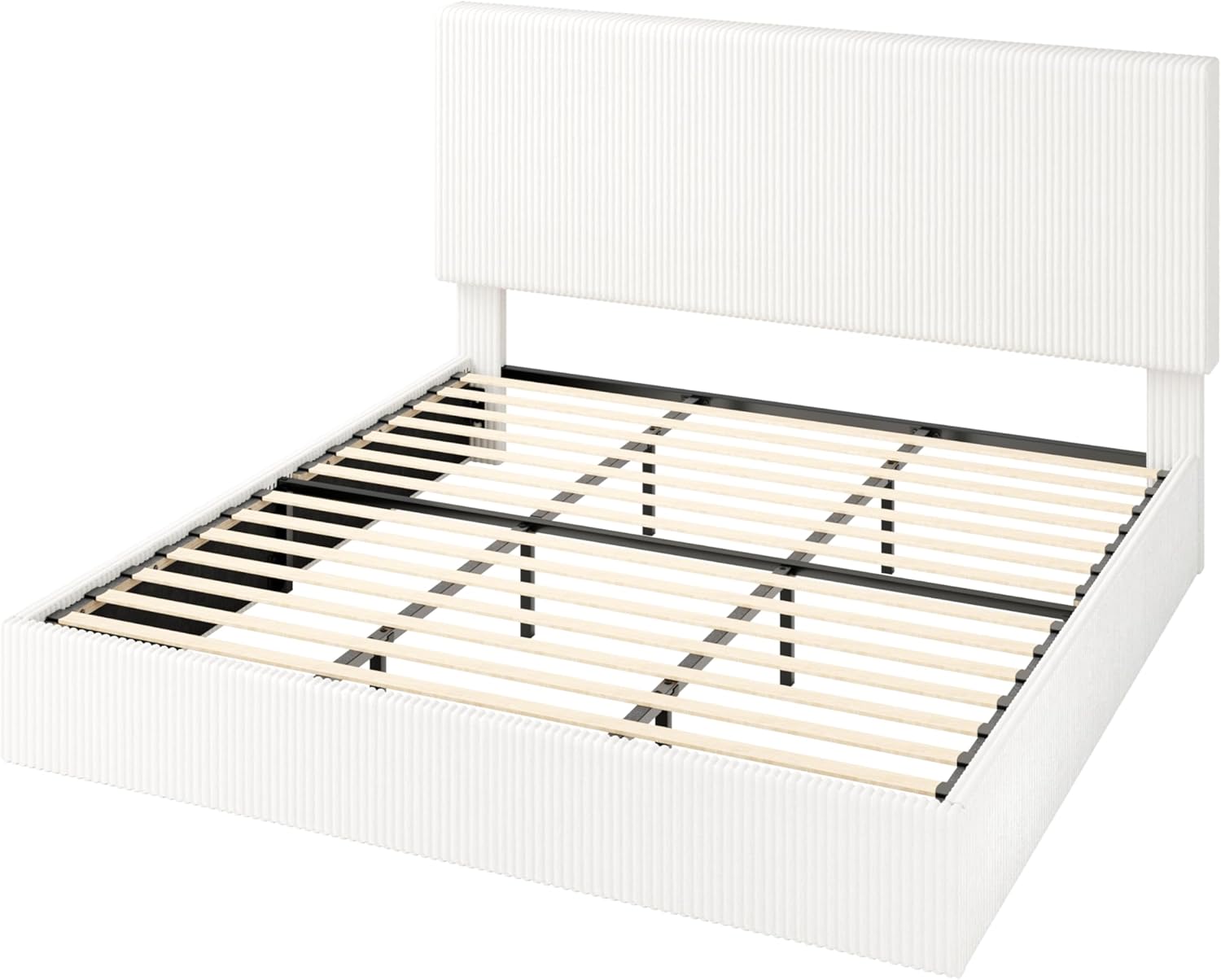 Allewie King Bed Frame, Upholstered Platform Bed, Adjustable Vertical Channel Tufted Headboard, Corduroy Fabric, Modern Low Profile, Wooden Slats, No Box Spring Needed, Easy Assembly, White