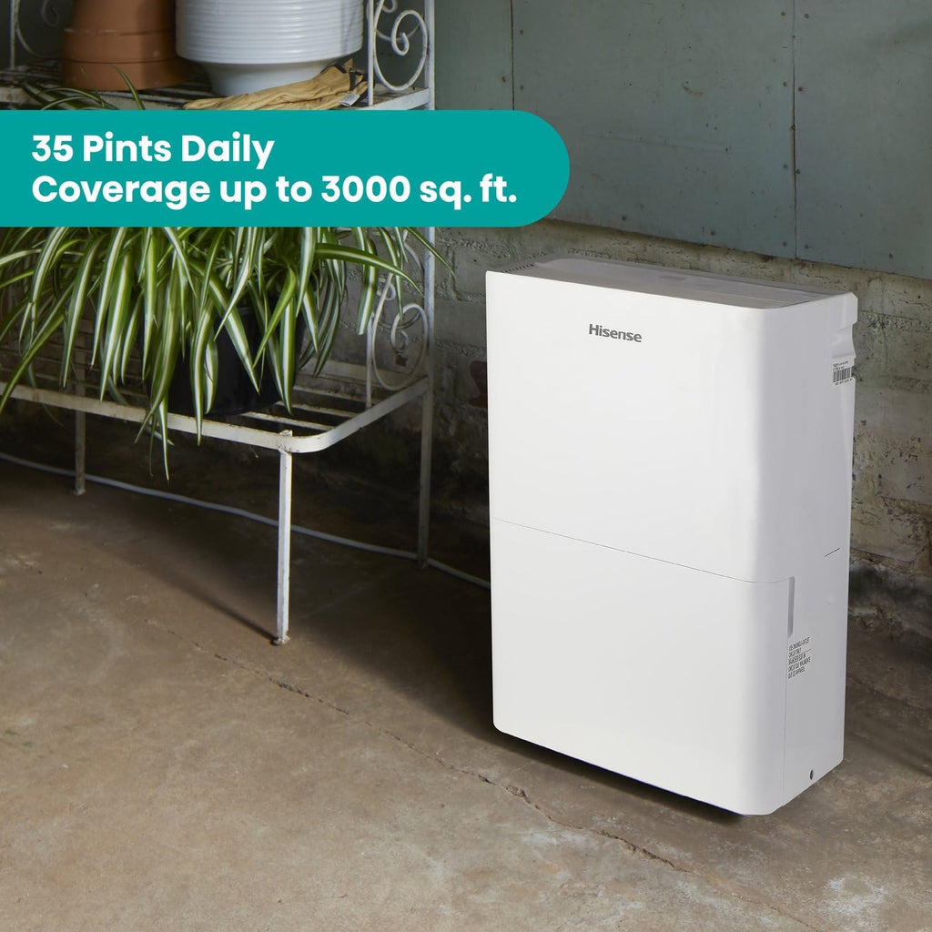 Hisense 35 Pint Compact Portable Dehumidifier with Slide-Out Bucket, Energy Efficient Quiet Humidity Absorber for Bathroom Bedroom Garage Attic Home Crawl Space, 3000 Sq. Ft.