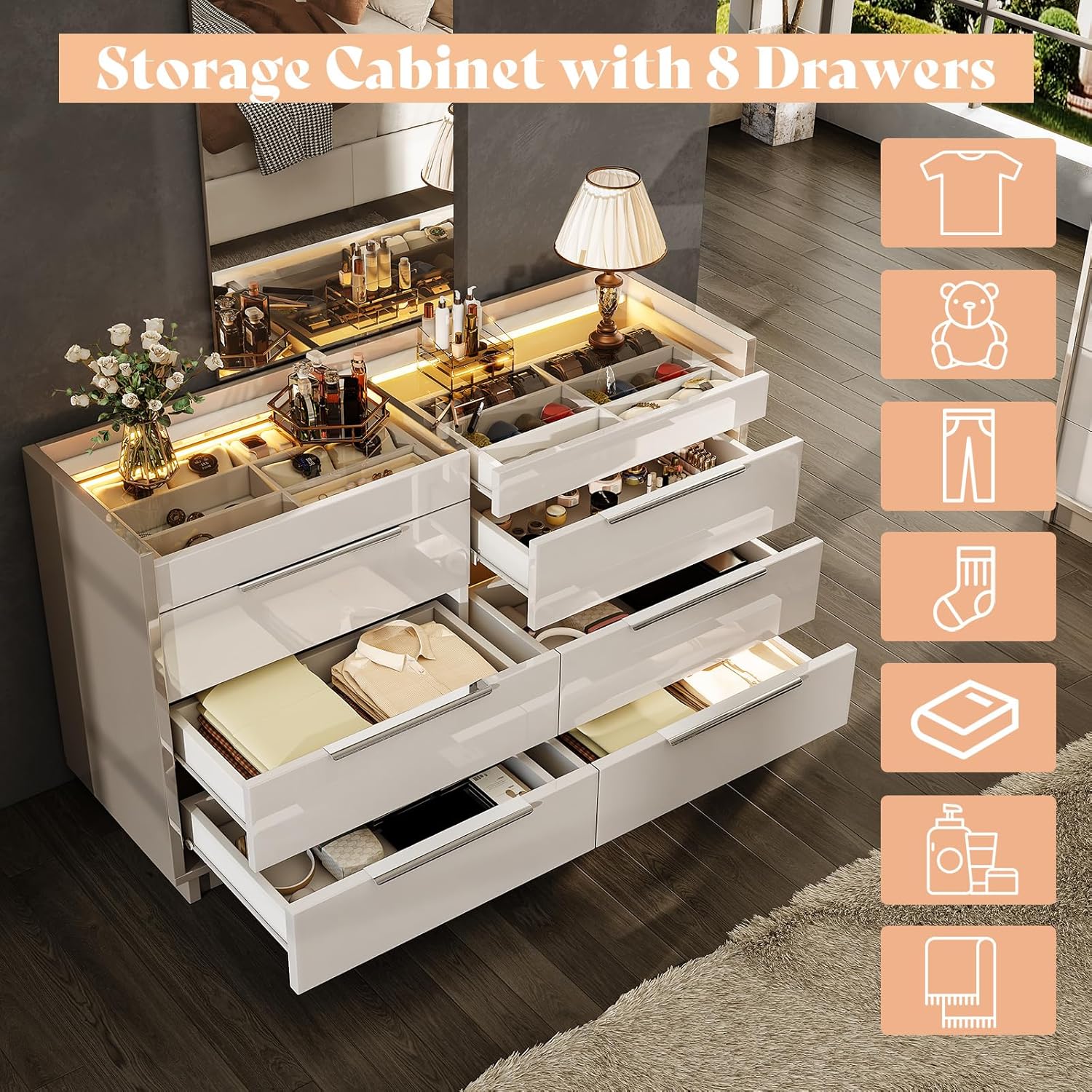 AMERLIFE 4 Piece Bedroom Furniture Set, 2 Nightstands with Charging Station, 8 Drawer Dresser with LED Light & 5 Drawer Chest, Modern High Gloss UV Finish, Bedroom Storage Organizer, Cream & Grey