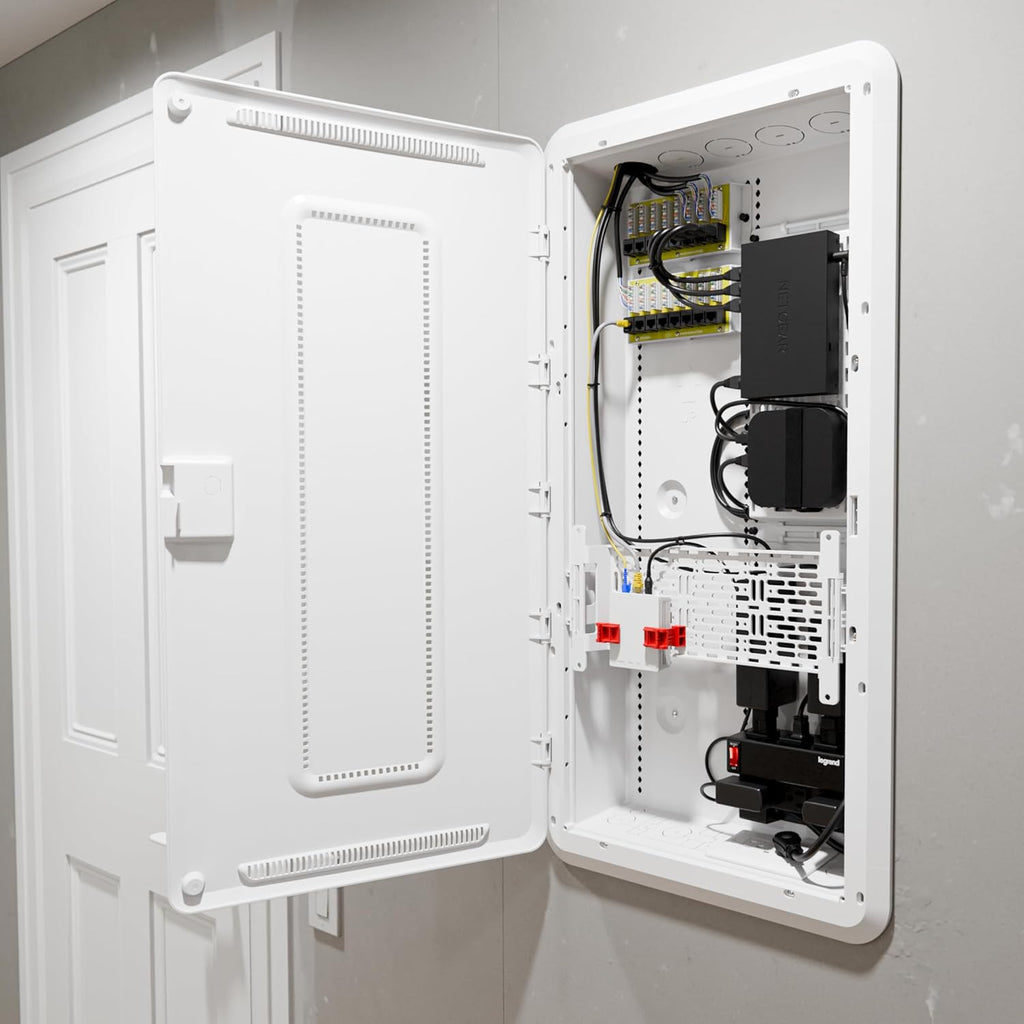 Legrand - On-Q 30 Inch Media Enclosure, WiFi Electrical Box, Cable Management Box for Distribution of Networking Service, Recessed Media Box Lets Signal Through, White, ENP3050NA
