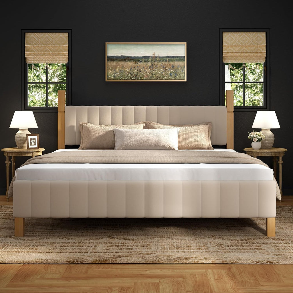 Yechen California King Bed Frame, Solid Wood Bed Frame CA-King Size with Upholstered Headboard, Platform Bedframe Noise Free, No Box Spring Needed, Beige Linen