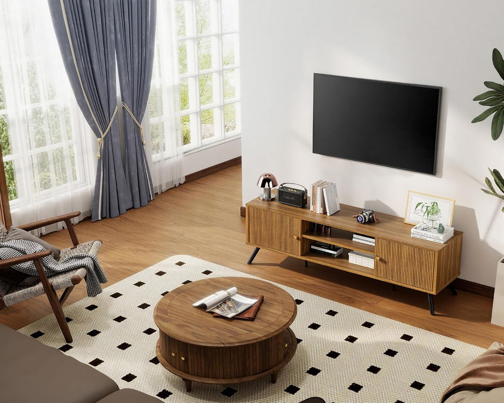 COMHOMA TV Stand for Living Room, Mid Century Modern Entertainment Center for 55/60/65 Inch TVs, Retro Brown TV Console with Fluted Door Cabinets and Open Adjustable Shelve Storage for Bedroom