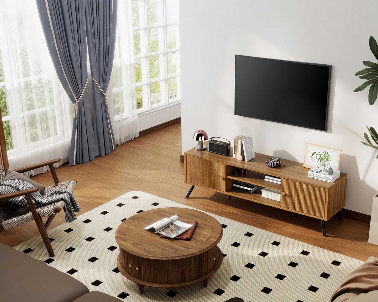 COMHOMA TV Stand for Living Room, Mid Century Modern Entertainment Center for 55/60/65 Inch TVs, Retro Brown TV Console with Fluted Door Cabinets and Open Adjustable Shelve Storage for Bedroom