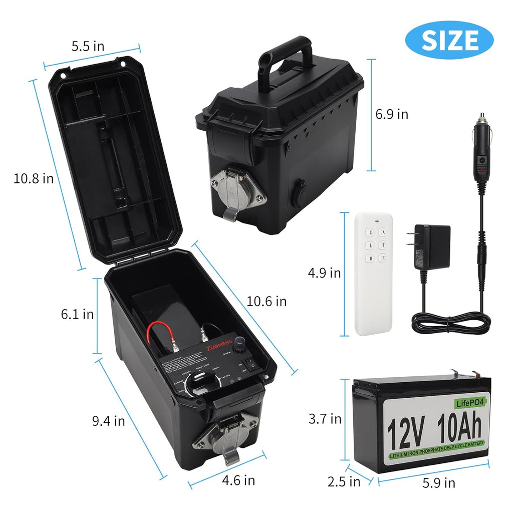 Trailer Light Tester Box with 12V 10Ah Battery and IP68 Waterproof Carrying Case, Wireless Remote Control Operation (7-Way Round Pin Compatibility)
