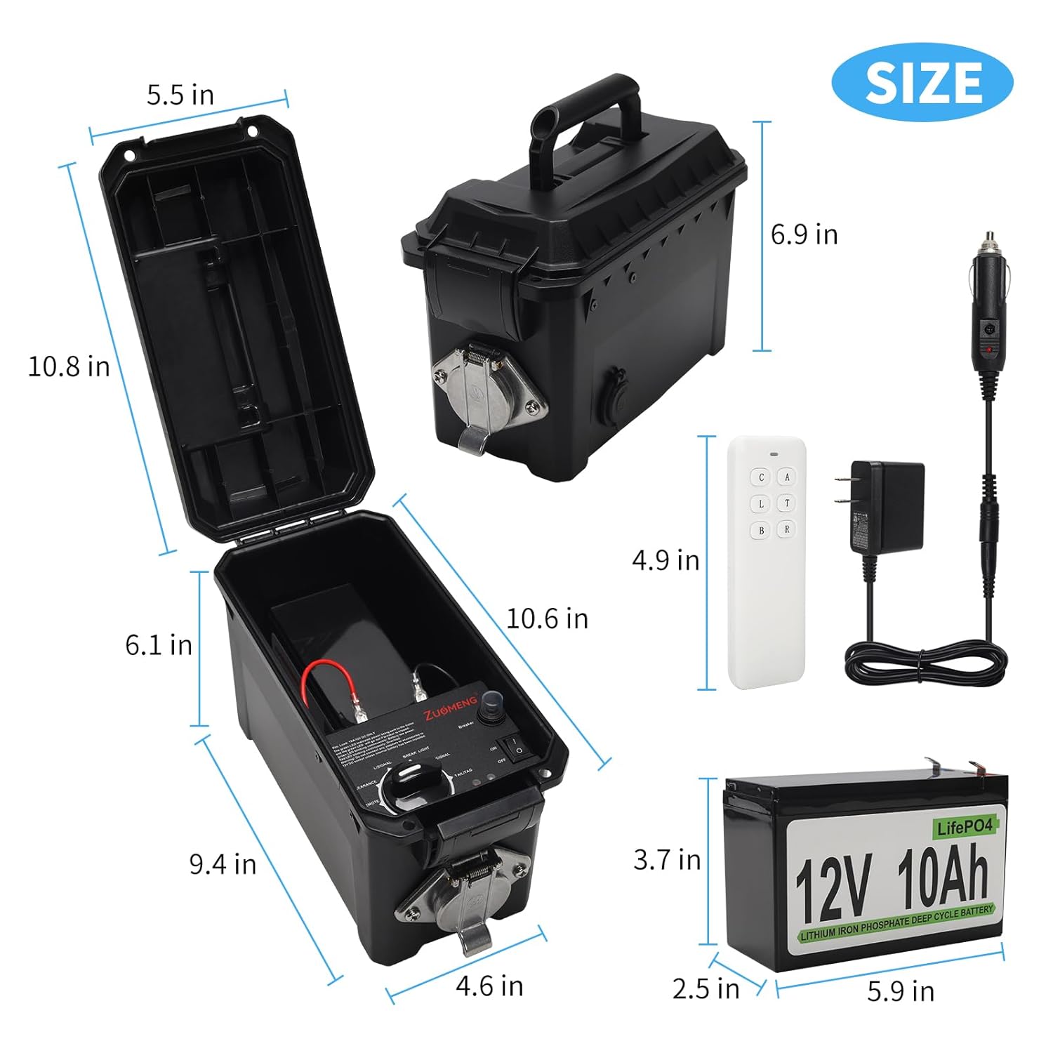 Trailer Light Tester Box with 12V 10Ah Battery and IP68 Waterproof Carrying Case, Wireless Remote Control Operation (7-Way Round Pin Compatibility)