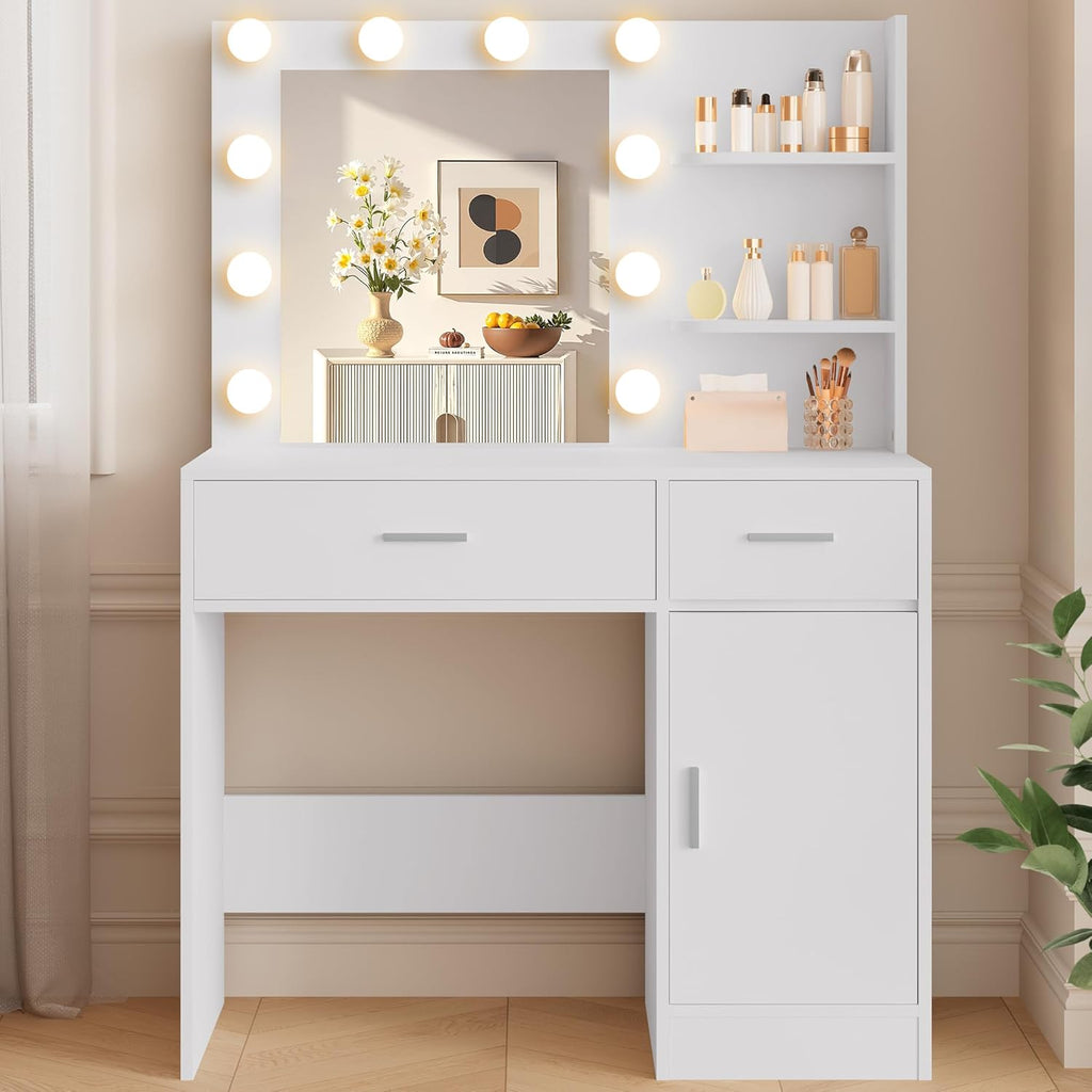 LIVELYGLOW White Makeup Vanity with 10 Hollywood Light Bulbs, 35.4" Wide Dressing Table with Large Mirror & Dimming Function, Small Space Vanity Desk with 2 Drawers, Storage Cabinet & Shelves