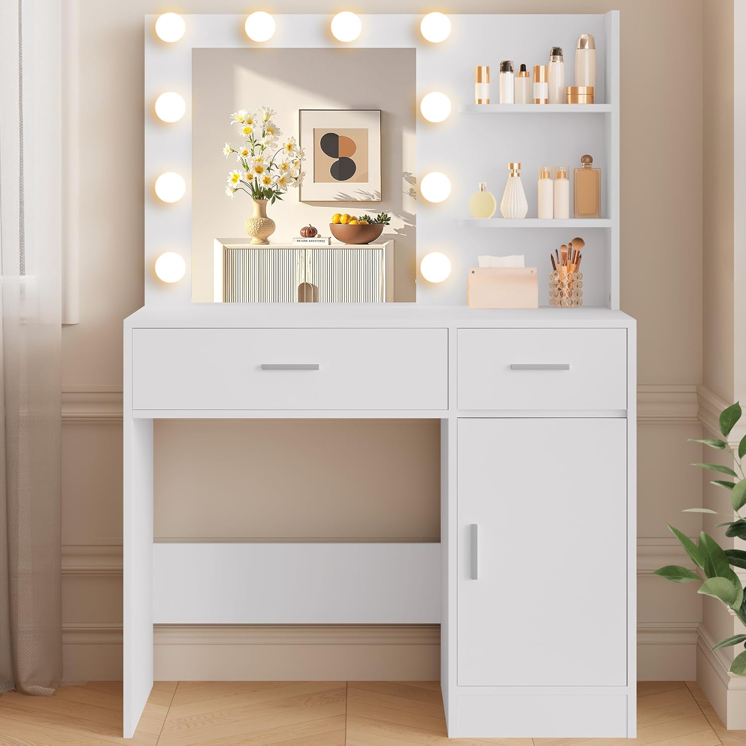 LIVELYGLOW White Makeup Vanity with 10 Hollywood Light Bulbs, 35.4" Wide Dressing Table with Large Mirror & Dimming Function, Small Space Vanity Desk with 2 Drawers, Storage Cabinet & Shelves