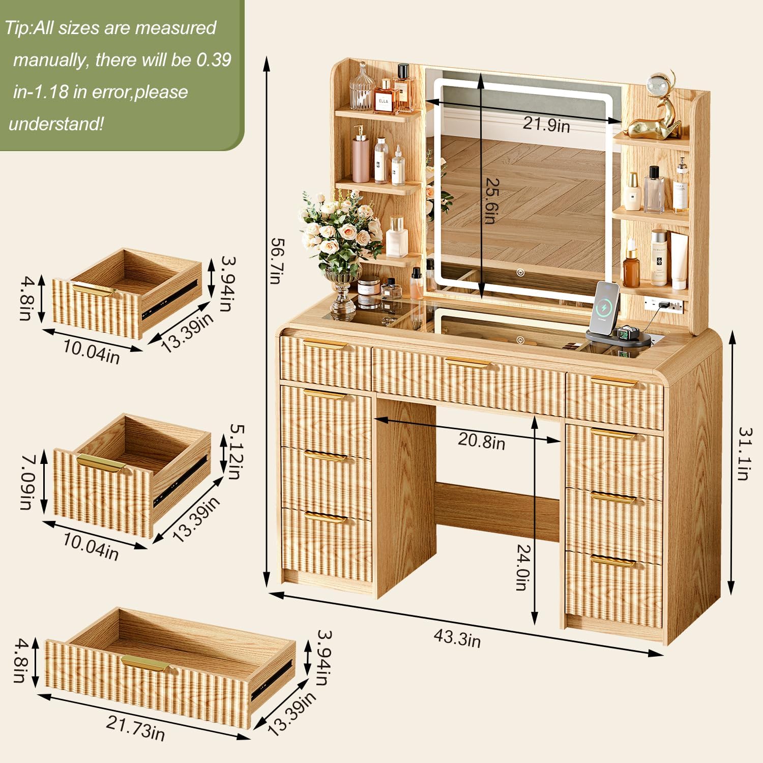 43" Makeup Vanity Desk with Mirror and Lights&Power Outl, 3 Adjustable Light Color,Glass Top Big Vanity Table with 9 Drawers & 6 Shelves,Girls Vanity for Bedroom, Oak