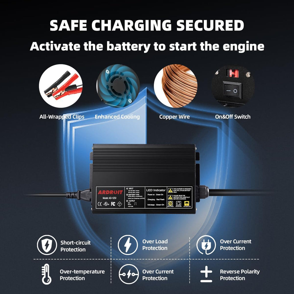 14.6V 50A LiFePO4 Battery Charger, Smart Trickle Charger and Maintainer for 12V Lithium Iron Phosphate Deep Cycle Batteries, AC-DC with LED Indicator for RV, Boat, Golf Cart, Solar Power