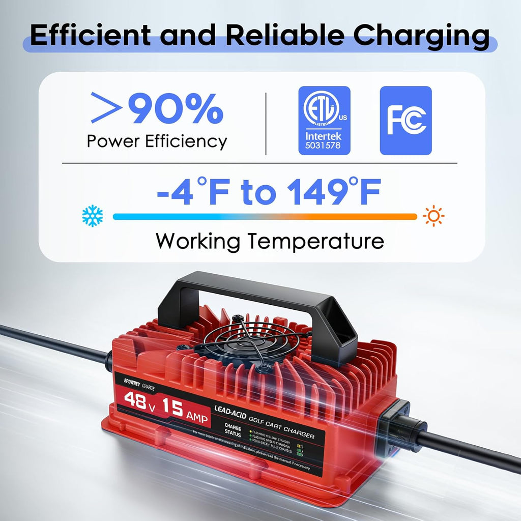 EPOWREY 15 AMP 48 Volt Golf Carts Battery Charger for Club Car 3-Pin Round Plug,for Lead Acid Battery
