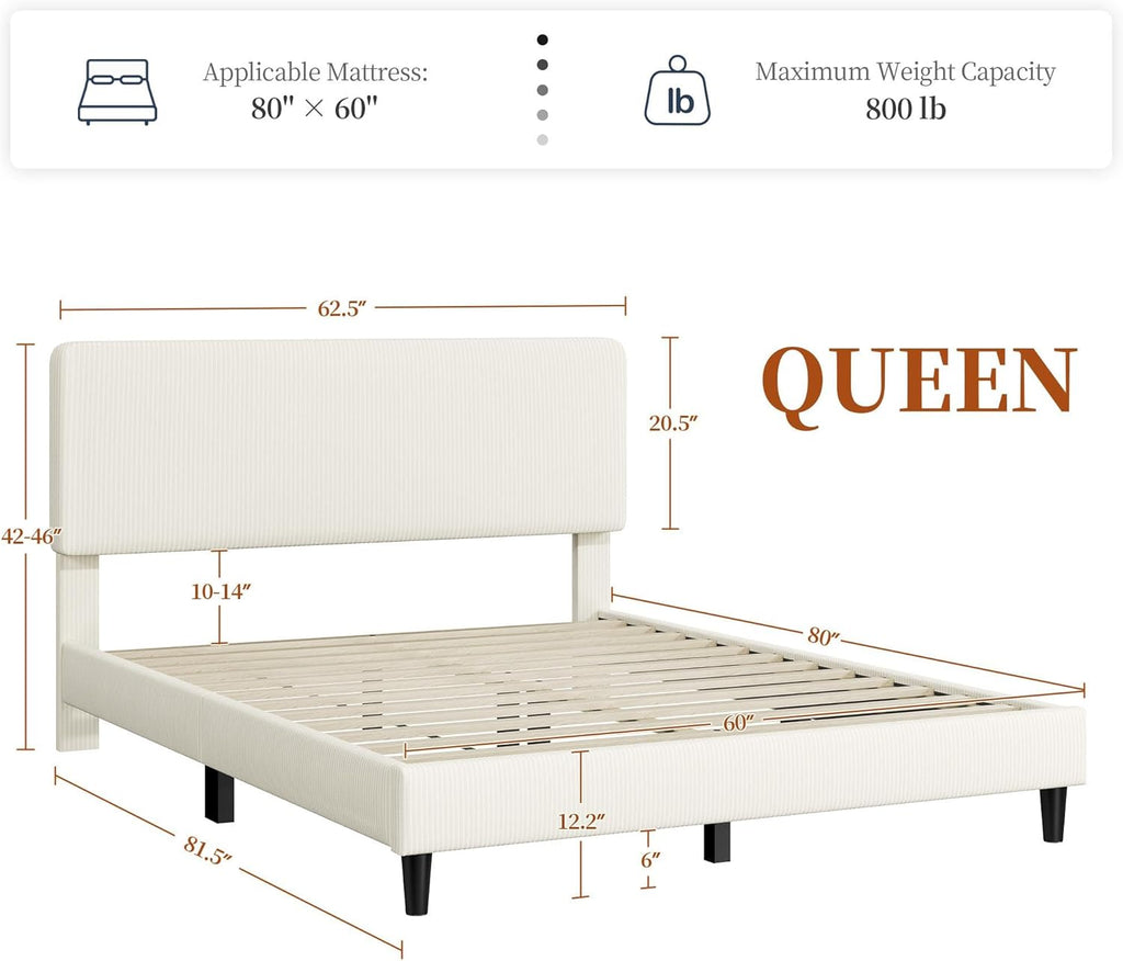 Yaheetech Queen Bed Frames with Adjustable Headboard, Chenille Fabric Upholstered Headboard/Platform Bed, Queen Size Bed Frame No Box Spring Needed/Wood Slats Support/Easy Assembly/Beige