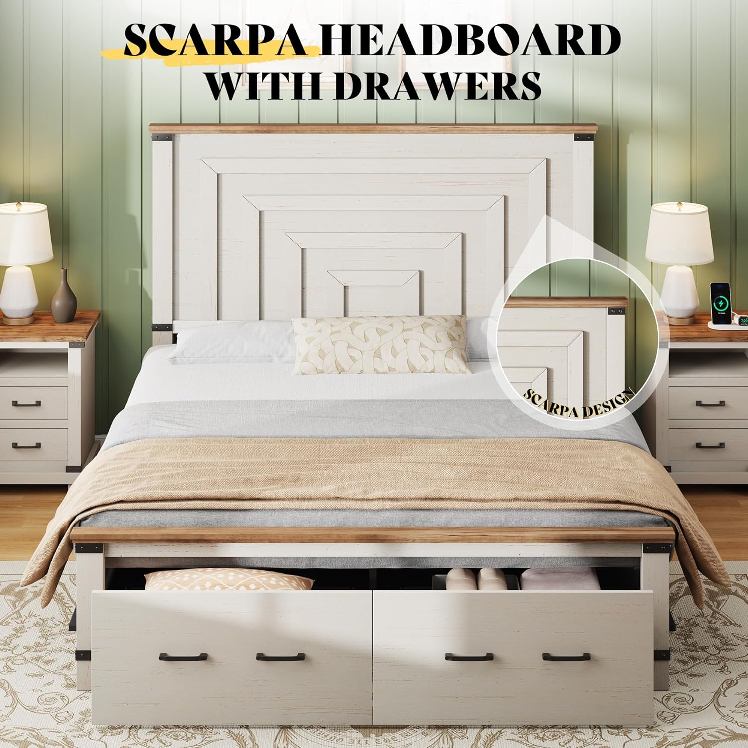 AMERLIFE Queen Bed Frame with Drawers, 54" Tall Headboard, Wood Platform Bed, No Box Spring Needed, Farmhouse Bedframe for Bedroom, Rustic White