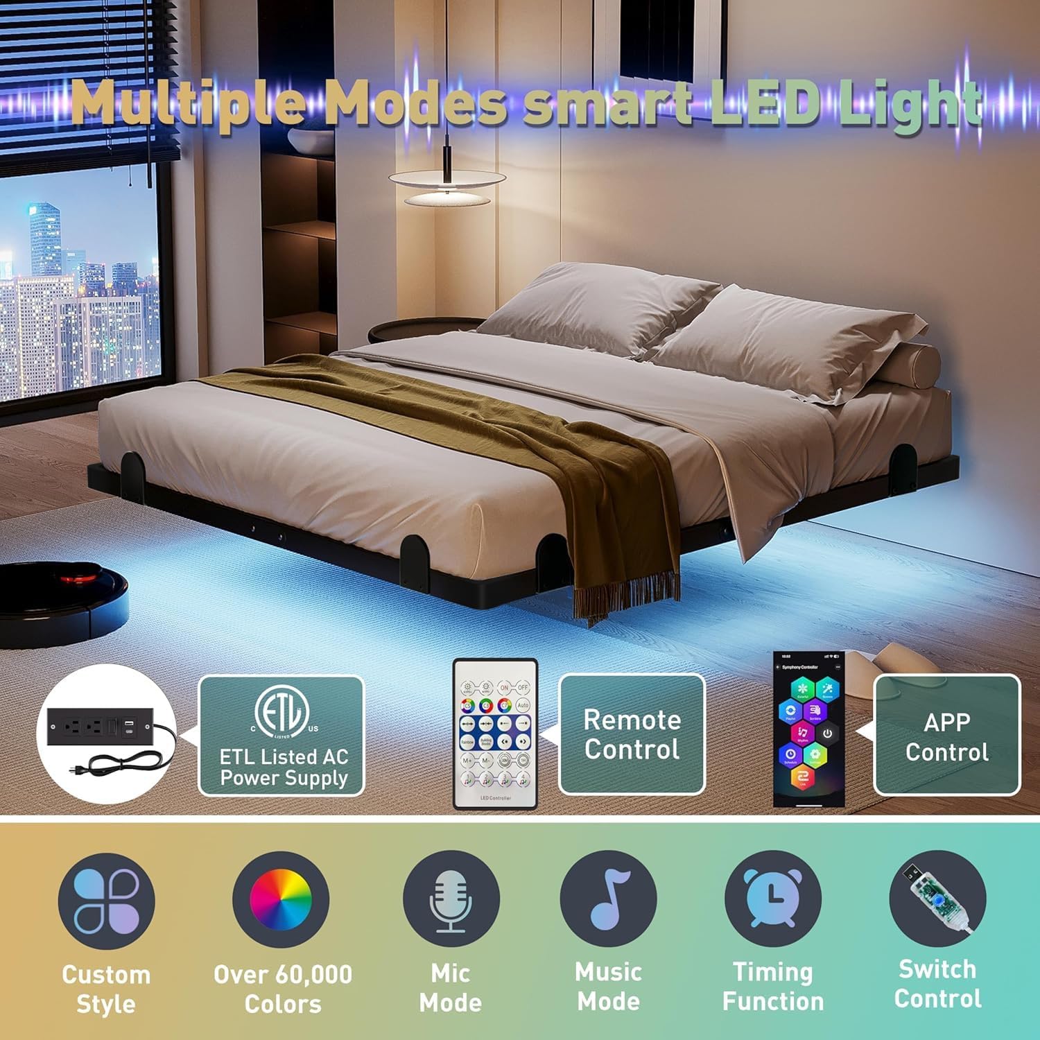 qimamo 14 Inch Floating King Bed Frame with Smart LED Lights and Charging Station, Modern Metal King Bed Frame, Easy to Assemble, No Box Spring Needed