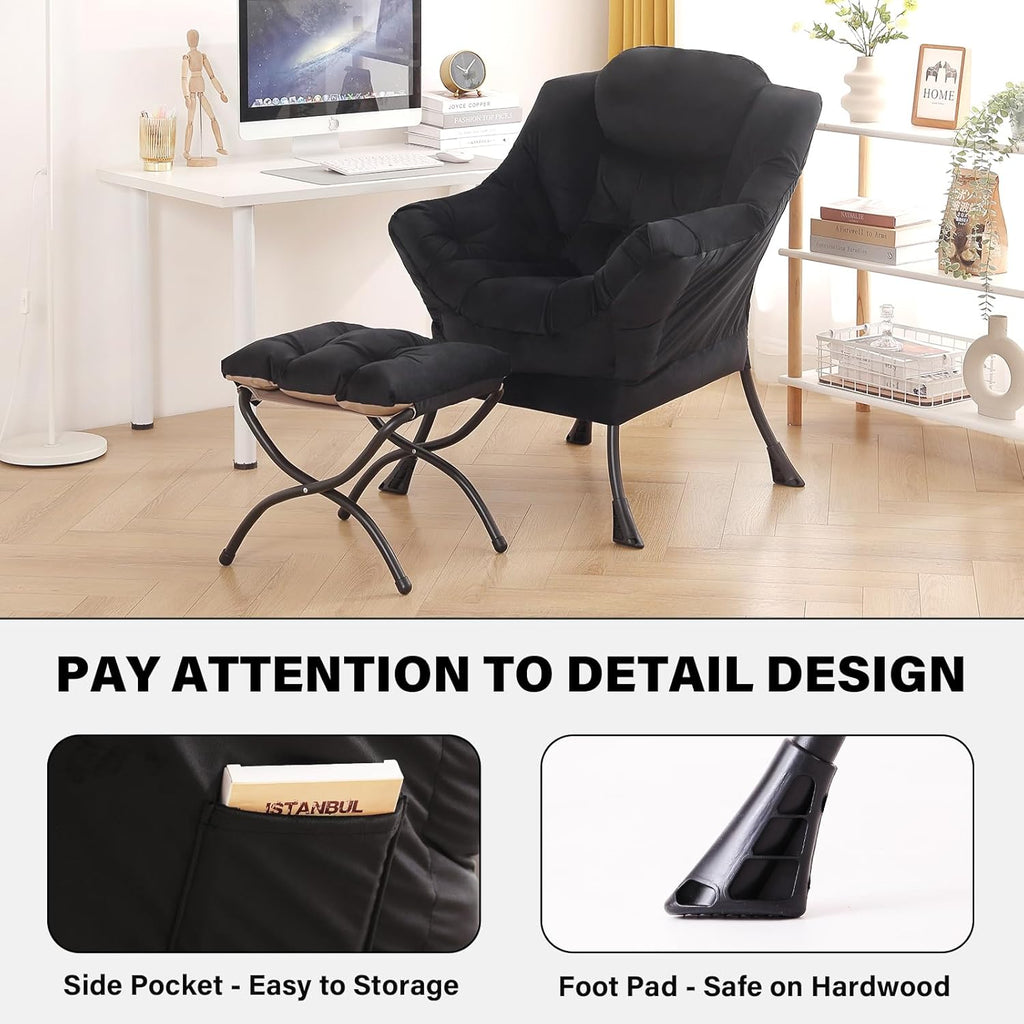 Tiita Lazy Chair with Ottoman, Black Modern Large Accent Chair, Comfy Leisure Sofa Armchair with Ottoman, Reading Chair with Footrest for Bedroom, Living Room, Dorm Rooms, Velvet Black