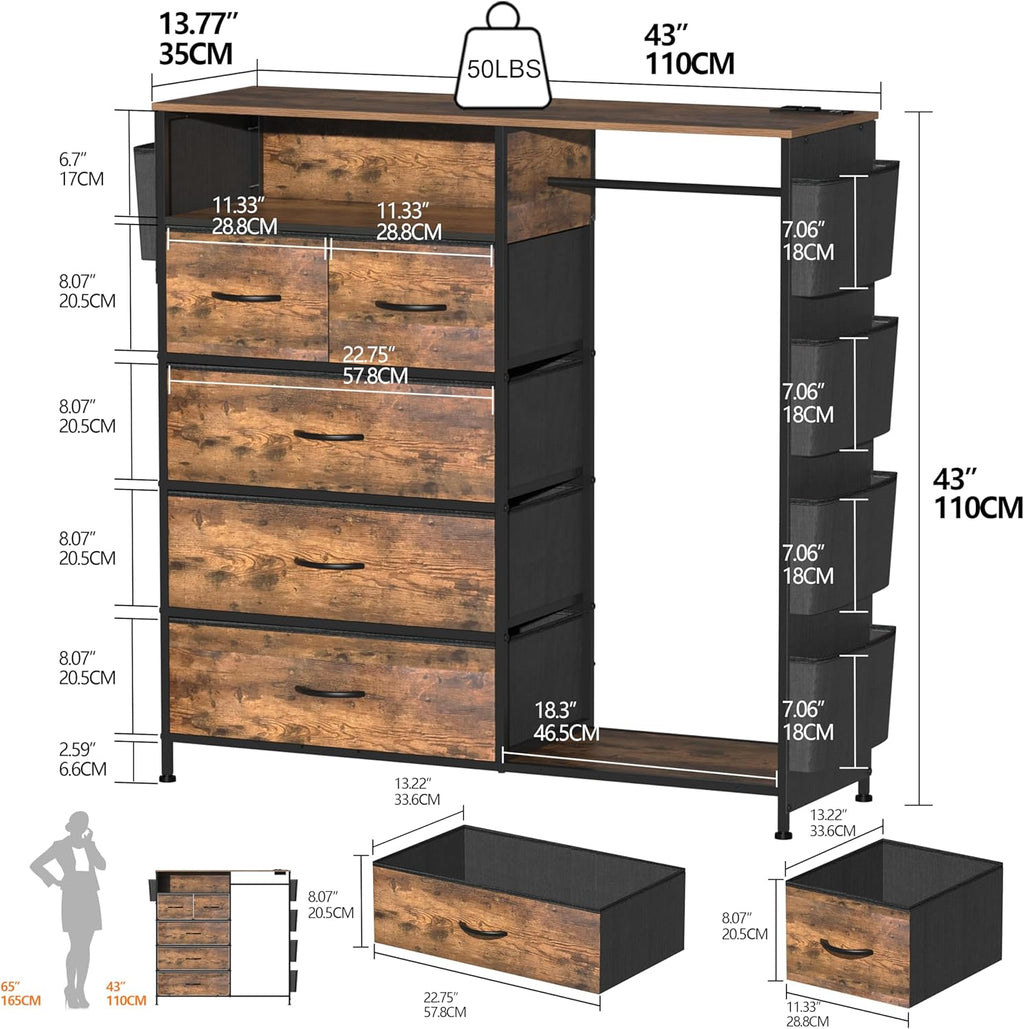 Espelism Dresser for Bedroom with Clothes Rack Side Pockets 5 Drawer Dresser with Charging Station LED Lights Black Storage Chest of Drawers for Hallway Closet Sturdy Steel Frame Wood Top (Brown)