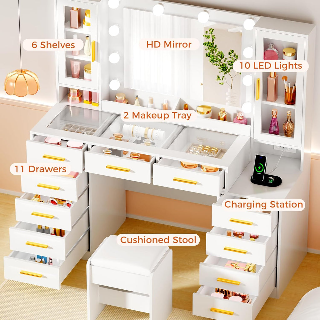 53.15" Large Vanity Desk with Mirror and Lights,White Makeup Vanity with Glass Top Power Outlet Vanity Table with 11 Drawers 6 Shelves Dressing Table Stool Set for Bedroom Women UXFST008W