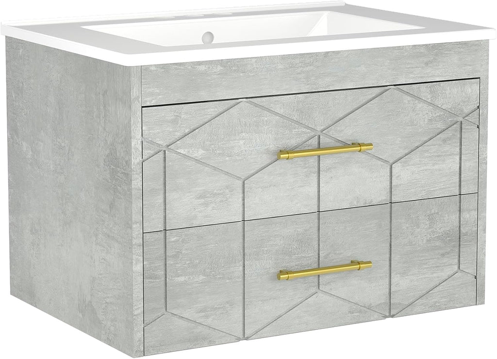 IDEALHOUSE Floating Bathroom Vanity with Sink 24 inch, Modern Bathroom Sink Cabinet, Ceramic Vanity Top, 2 Large Storage Drawers with Gold Metal Handle, Easy to Assembly, Grey