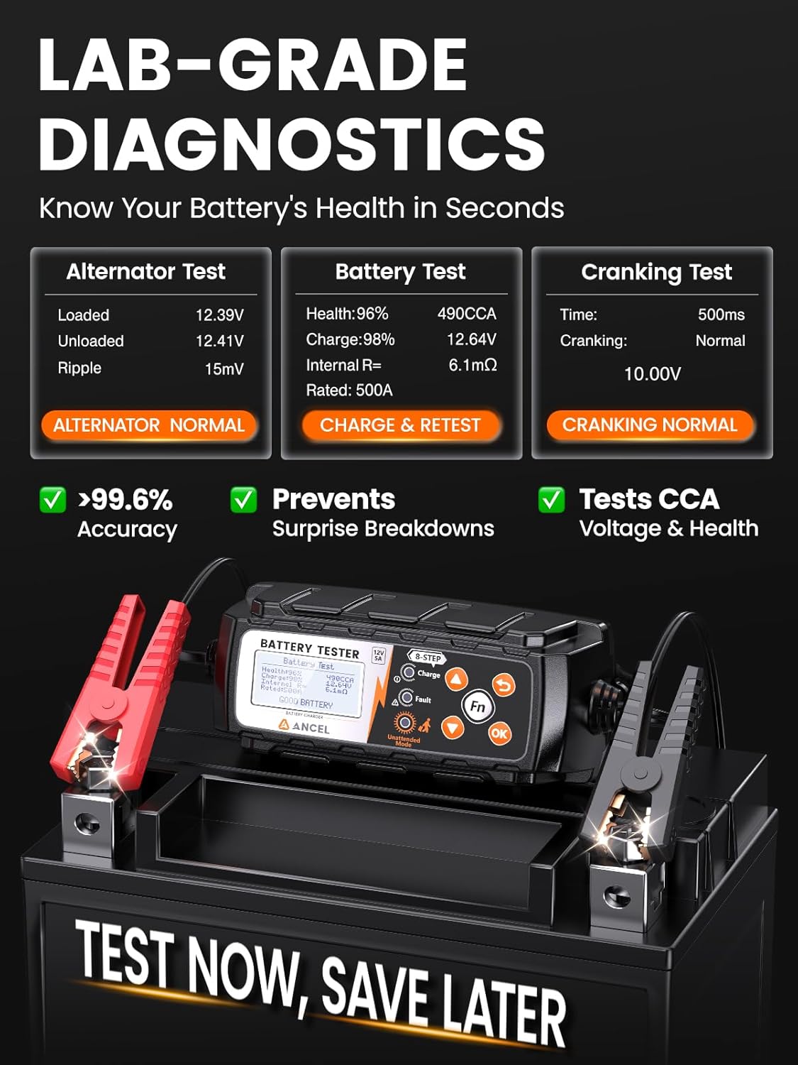 ANCEL BT521 4-in-1 Car Battery Charger, Tester, Maintainer and Desulfator for 12V Lead-Acid Batteries, 5A Smart Trickle Charger with Overcharge Protection & Temperature Compensation, LCD Display