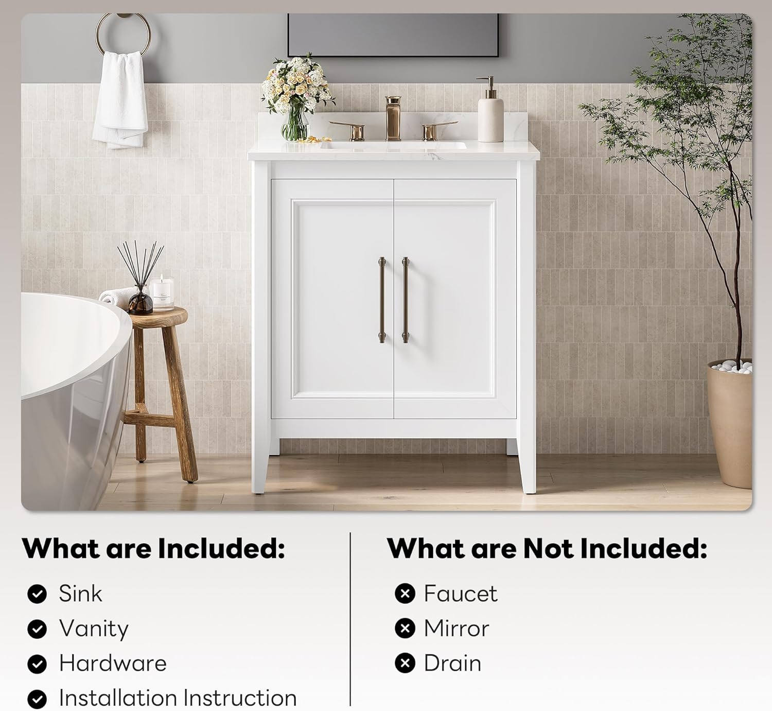 LIKIMIO 30" Bathroom Vanity with Sink, Freestanding Bathroom Vanity with 2 Soft-Close Doors, Engineered Stone Countertop with Undermount Ceramic Sink, Modern Bathroom Vanity, Easy Assembly, White