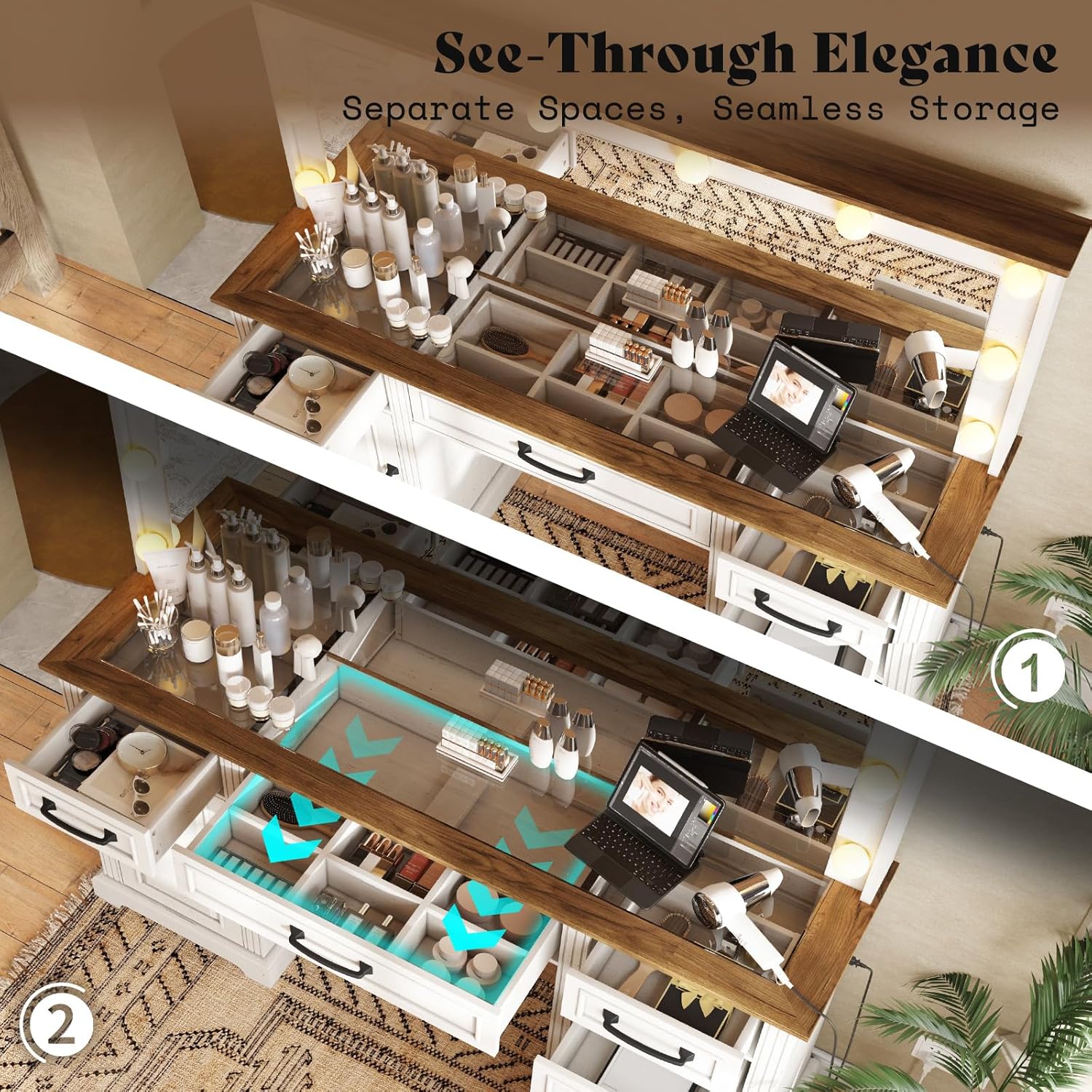 AMERLIFE 55" W Makeup Vanity with Hollywood Mirror, Glass Top Vanity with 5 Drawers & Charging Station, 10 Detachable Light Bulbs, Adjustable Brightness, Antique White