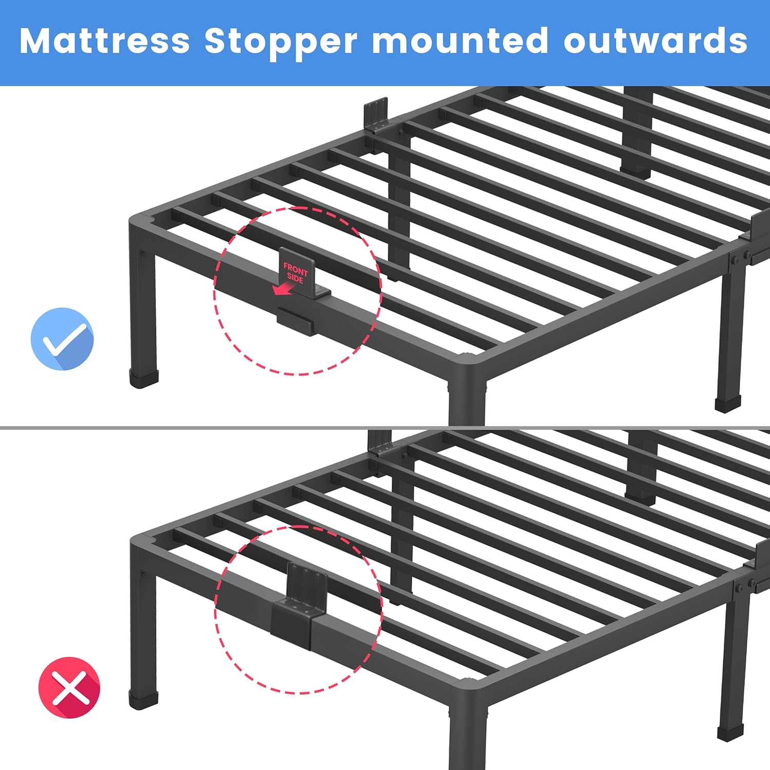 MAF 18 Inch Full Size Bed Frame with Round Corner Legs Mattress Slide Stopper No Box Spring Needed Heavy Duty Metal Platform Bed Frames Under-Bed Storage Space, 3000 LBS Steel Slats Support