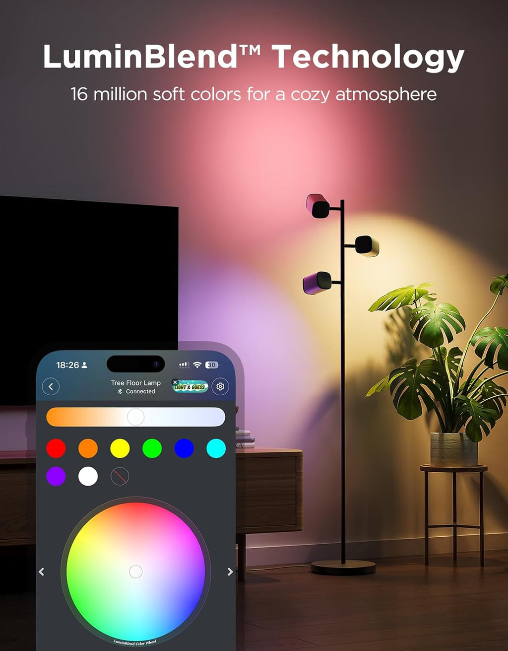 Govee Tree Floor Lamp Compatible with Matter, 3 Rotatable Lights with LuminBlend Technology, Standing Lamp with 64 Dynamic Scenes, Music Sync, Ideal Floor Lamp for Living Room, Bedroom, Office