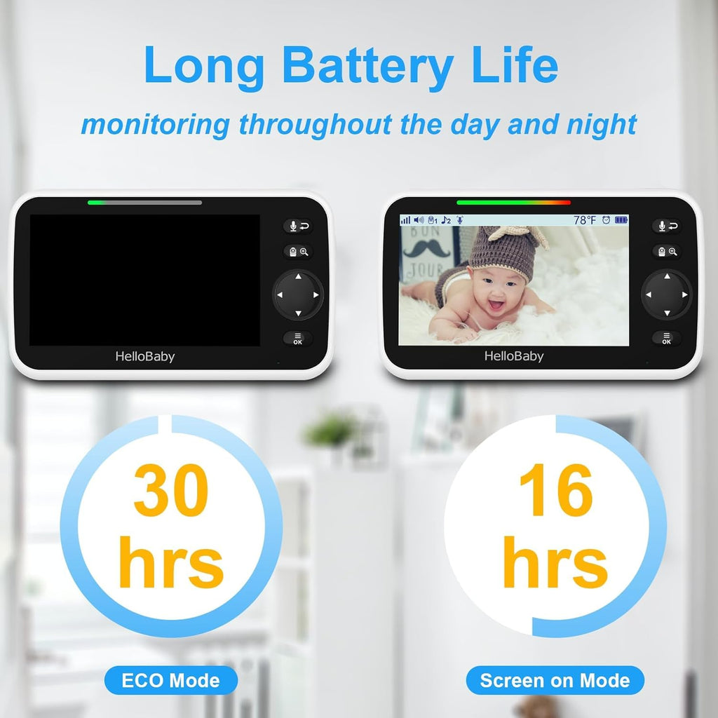 HelloBaby Upgrade 5'' Baby Monitor with 30-Hour Battery, 2 Cameras Pan-Tilt-Zoom, 1000ft Range Video Audio Baby Monitor No WiFi, VOX, Night Vision, 2-Way Talk, 8 Lullabies and Temperature
