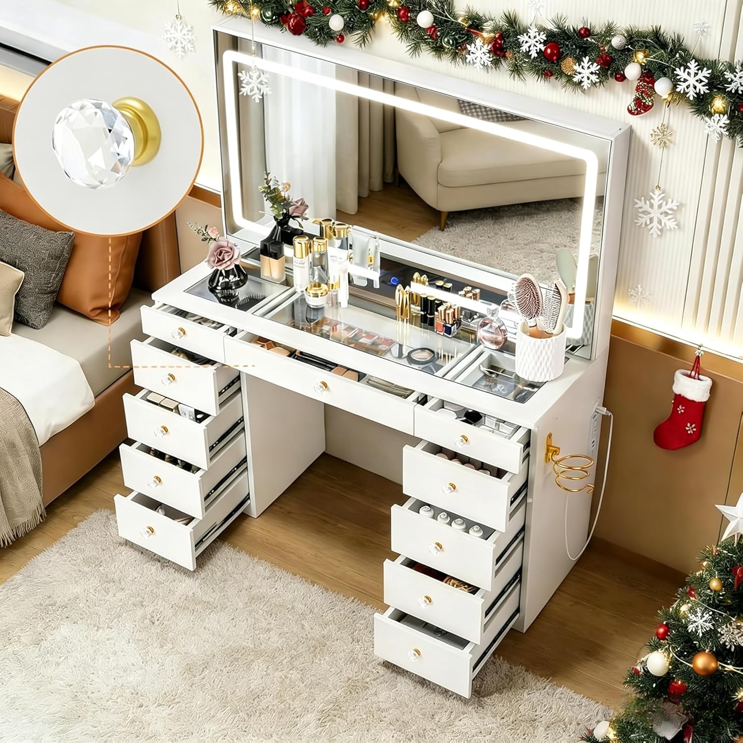 Pamapic Glass Top Vanity Desk with Crystal Handles and 11 Drawers, Makeup Vanity with Mirror and Lights, 3 Lighting Modes Dressing Table, Power Outlet, Silent Slides, White