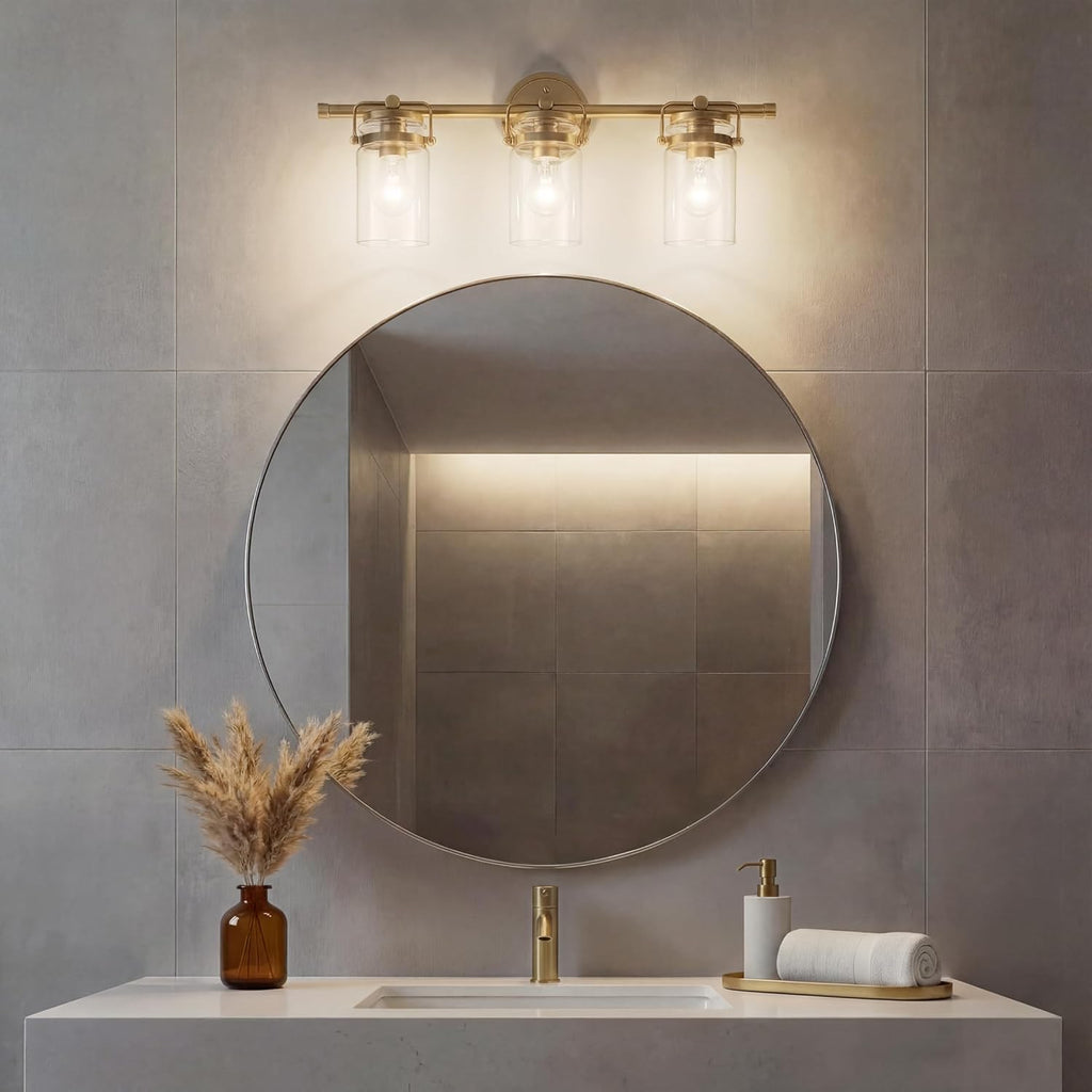 Kichler Brinley 24" 3-Light Bathroom Vanity Light Fixture with Clear Glass in Champagne Bronze, Modern Farmhouse Mason Jar Style for Mirror Lighting (24" W x 10.25" H), 45689CPZ