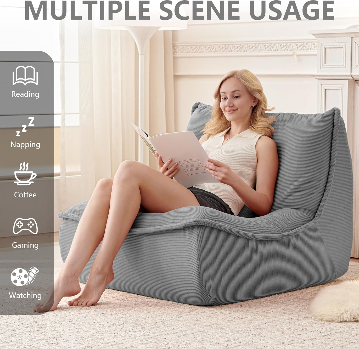 Bean Bag Chair for Adults, Single Lounge Chair with Lumbar Pillow, Comfy Floor Sofa with High-Resilience Foam, Lazy Accent Chair for Living Room, Bedroom, Apartment, Or Reading Corner, Gray
